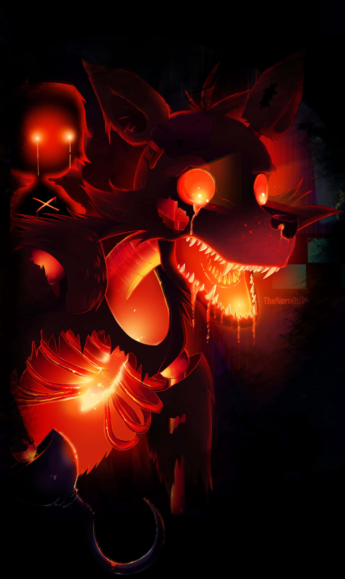 Foxy 桌布 壁紙 — 一隻具威脅性的電子動畫狐狸在黑暗背景中發出火紅的光芒，露出尖銳的牙齒，眼睛燃燒著。