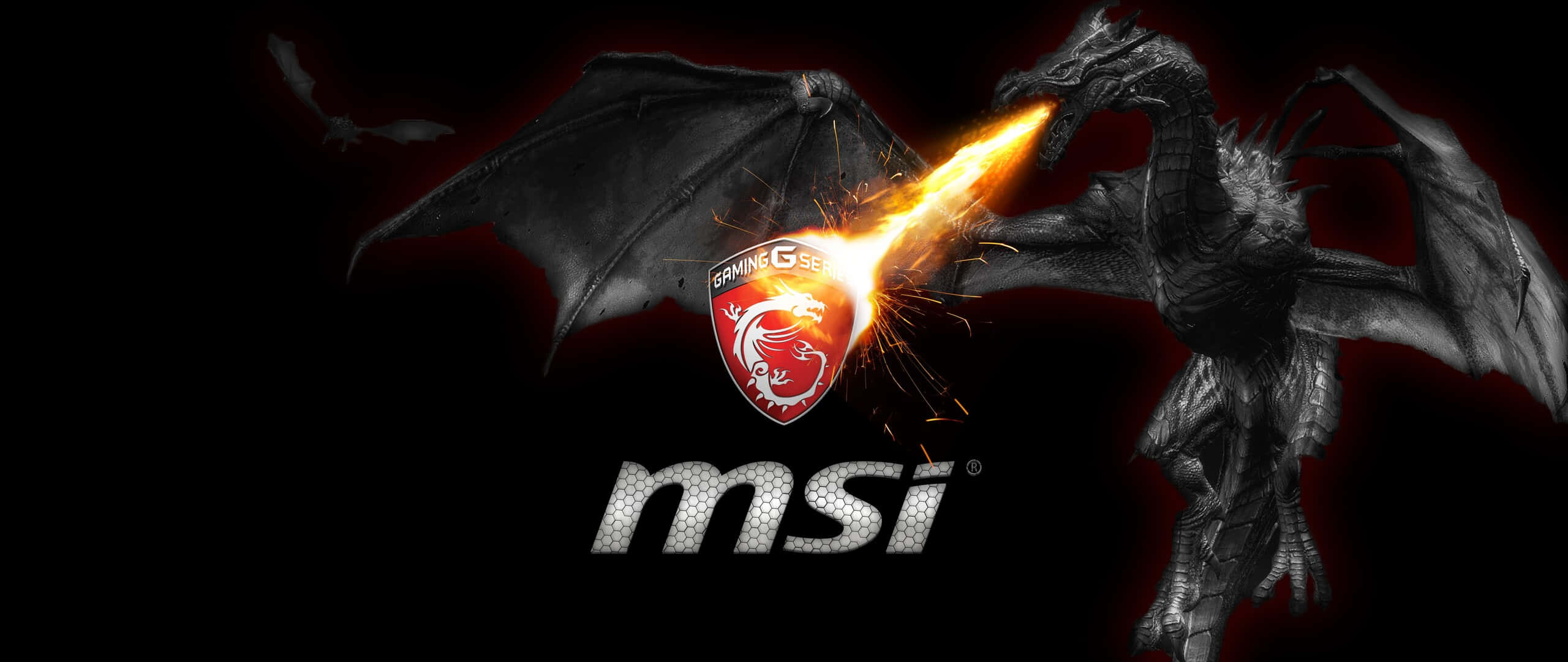 msi 2560x1080 桌布 壁紙 — 一隻具威脅性的黑色巨龍在深紅色背景上向MSI Gaming標誌噴射火焰等離子。
