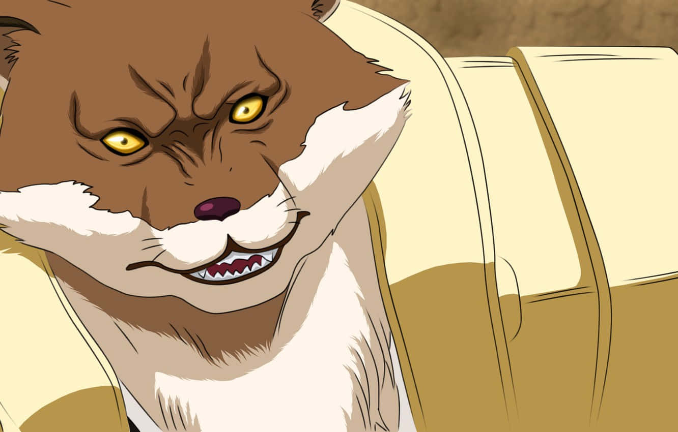 Sajin Komamura 桌布 壁紙 — 一隻具有威脅性的擬人化狐狸，黃色發光眼睛和露出牙齒，從米色椅子上強烈凝視。