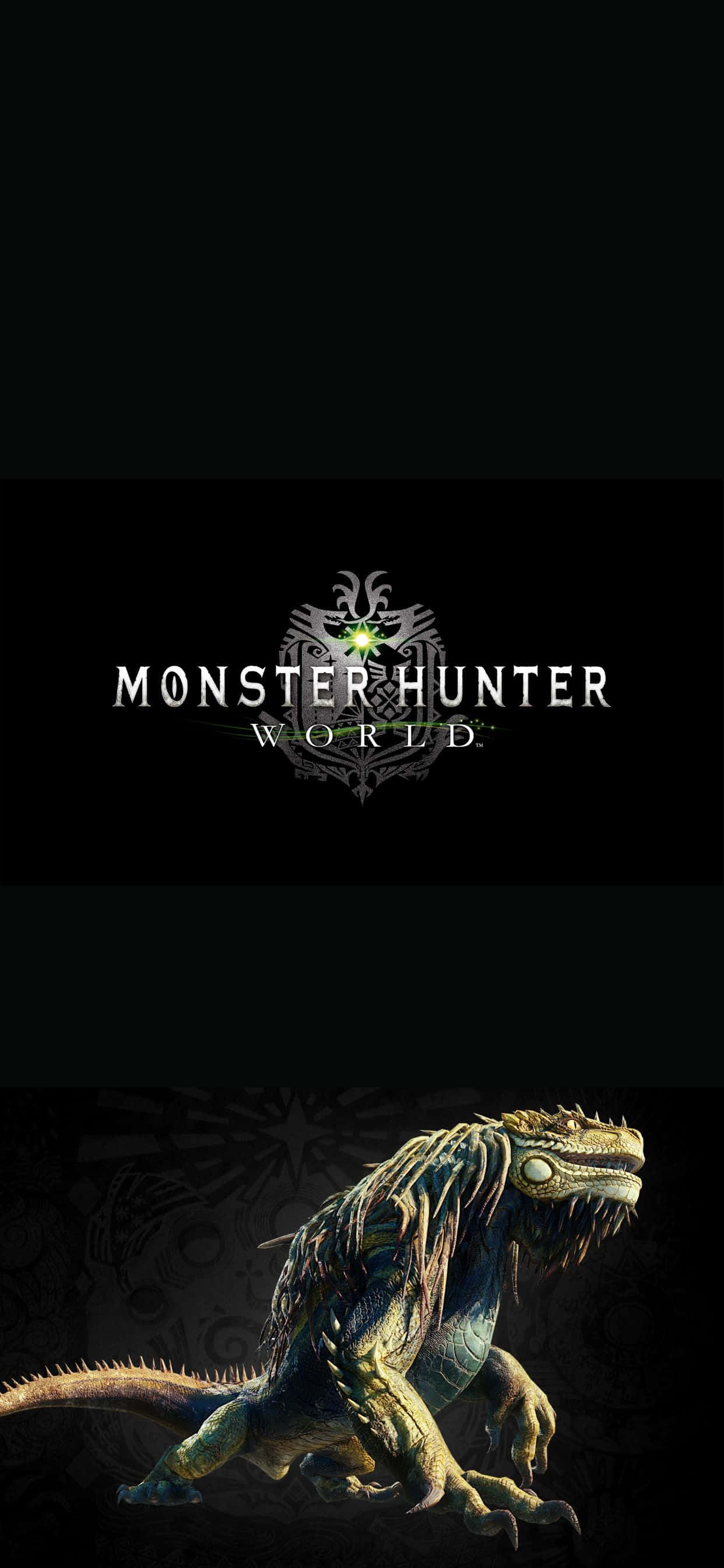 魔物獵人 世界 桌布 壁紙 — 一隻具有發光眼睛和尖刺鱗片的威脅性爬蟲類怪物，在黑暗背景前蹲伏，上方有 Monster Hunter World 標誌。