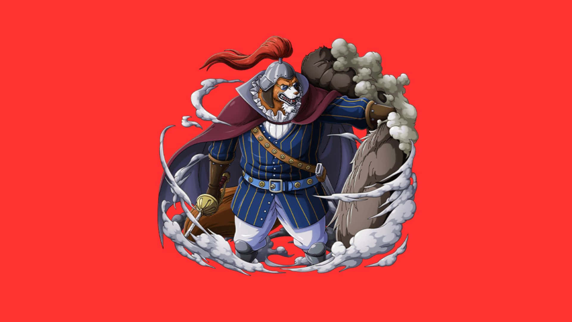 Inuarashi 桌布 壁紙 — 一隻凶猛擬人化老虎，身穿華麗藍色盔甲和紅色斗篷，在強烈的紅色背景下衝破旋轉的煙霧。