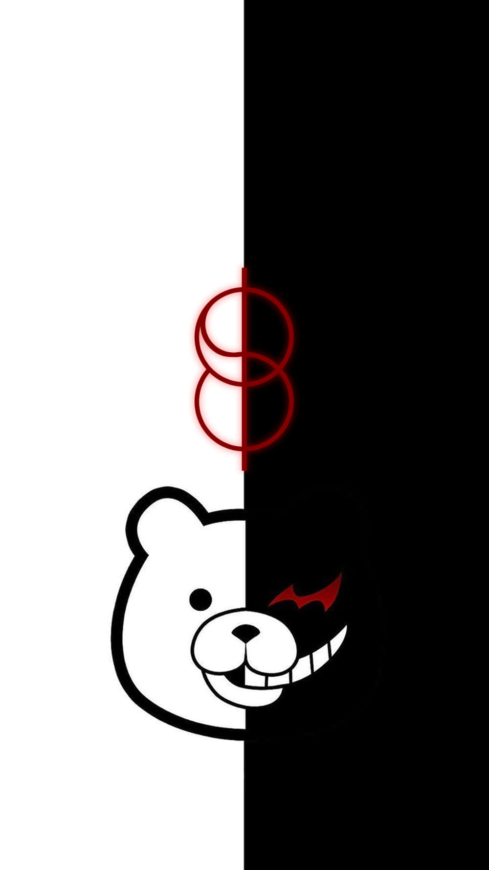 Black And White Anime Aesthetic 桌布 壁紙 — 一隻分屏卡通熊，一半快樂，一半邪惡紅眼，由發光的紅色數字八分隔。