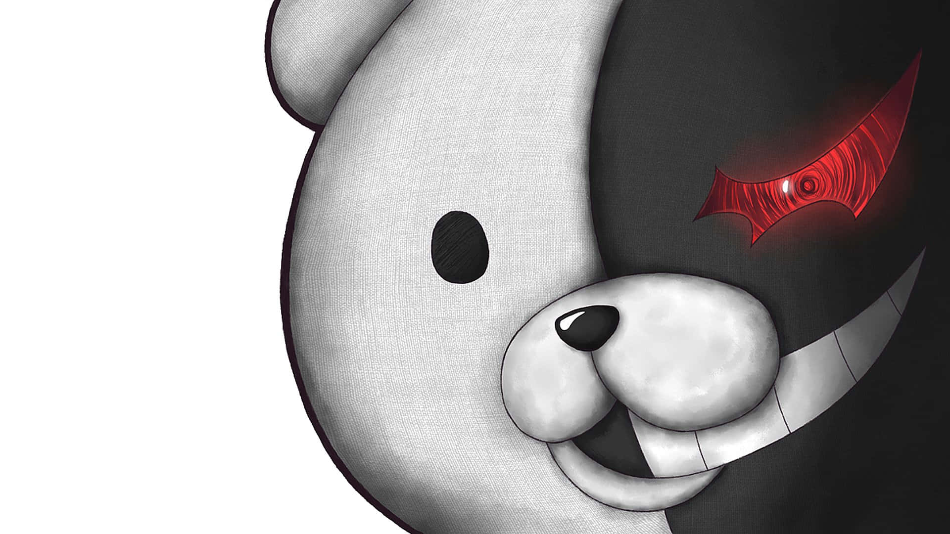 Creepy Smile 桌布 壁紙 — 一隻分臉卡通熊，一側灰色，另一側黑色，擁有一隻發光的紅色蝙蝠形眼睛和鋒利的牙齒。