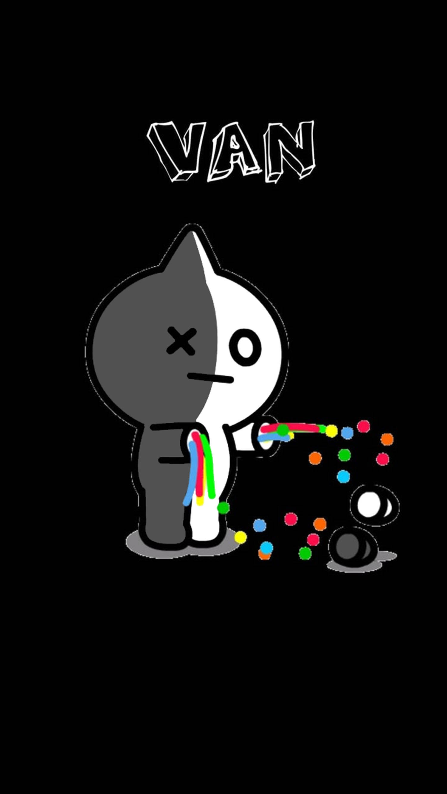van bt21 桌布 壁紙 — 一隻分裂的黑白卡通貓，有著X眼臉，在黑色背景上吐出彩色圓點，上方有VAN字樣。