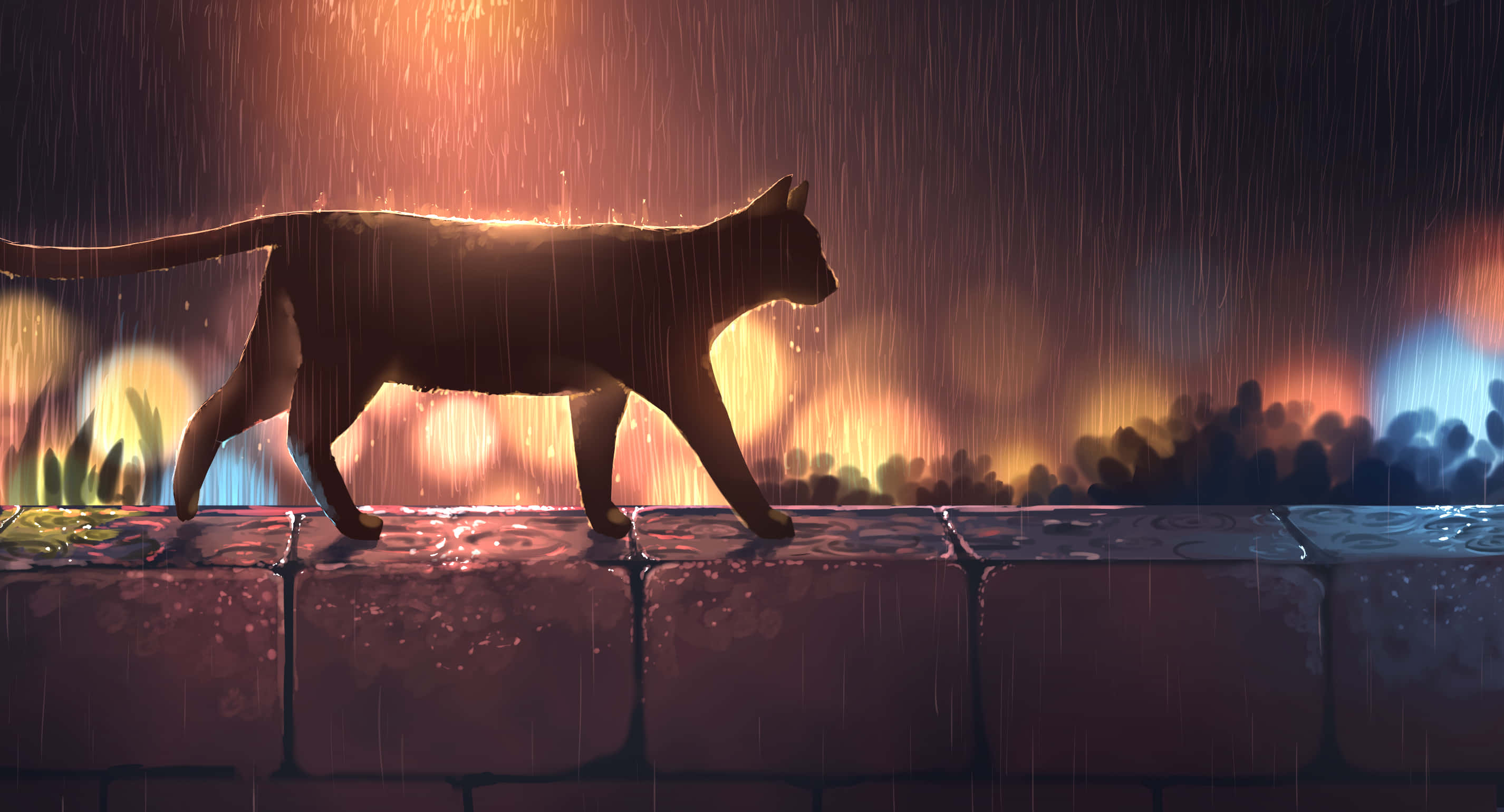 動漫貓 桌布 壁紙 — 一隻剪影貓在夜間溫暖發光的暴風雨中優雅地沿著濕石牆行走。