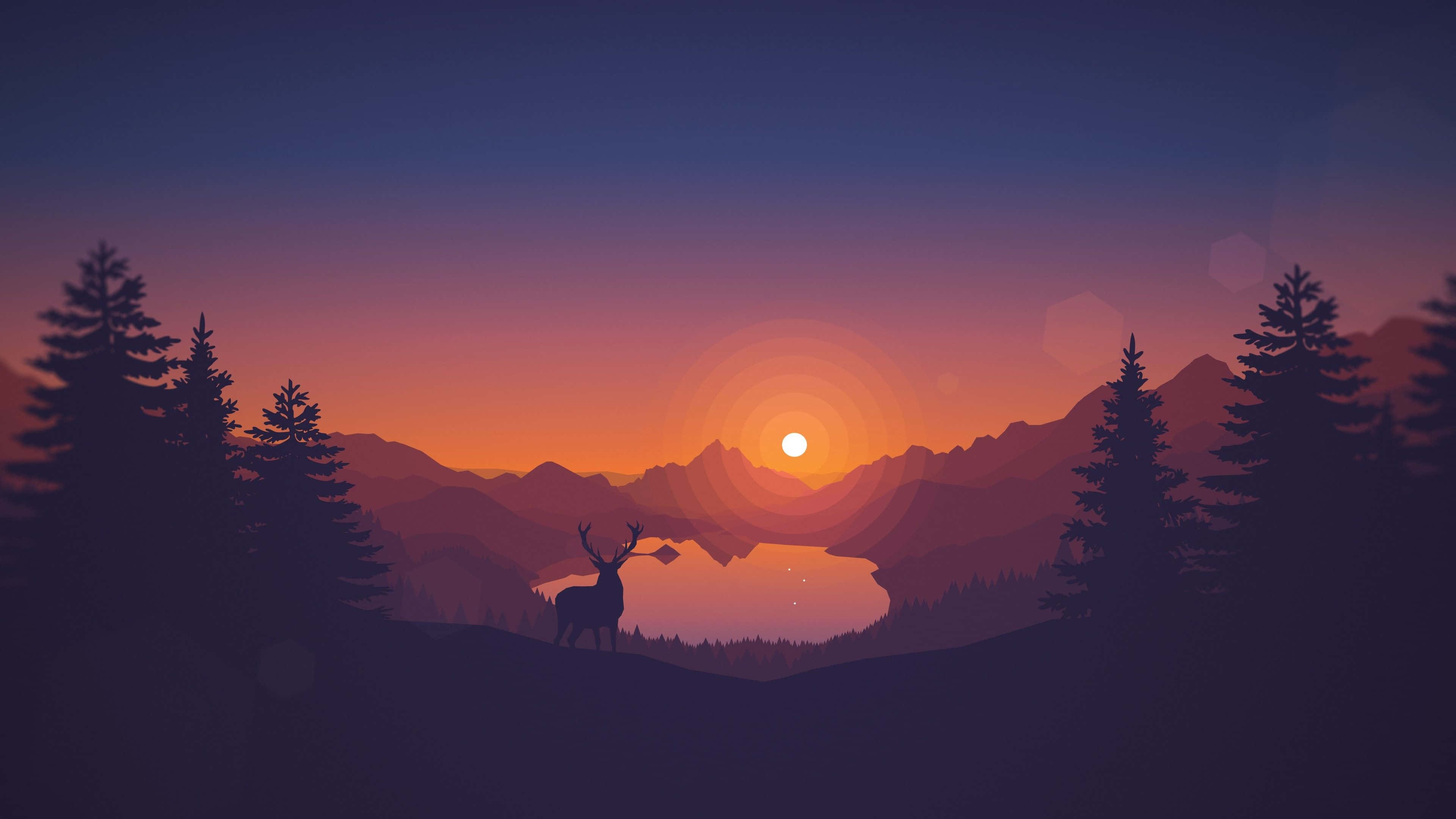 鹿 桌布 壁紙 — 一隻剪影雄鹿站在山湖前，夕陽西下，層層山峰和松樹在漸變天空下。