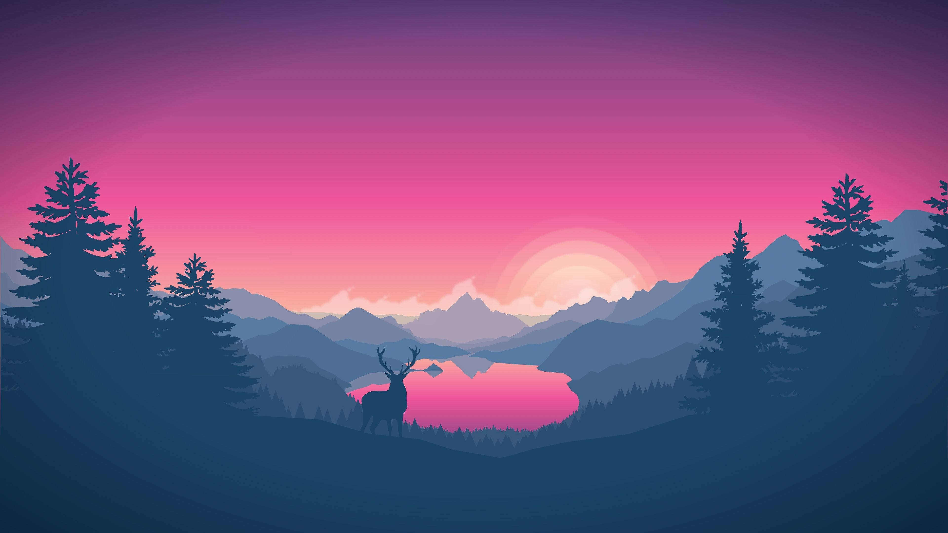 Minimalist Nature 桌布 壁紙 — 一隻剪影鹿在日落時站在湖邊，背景是層疊的山脈和松樹，天空呈現鮮豔的粉紅色和紫色。