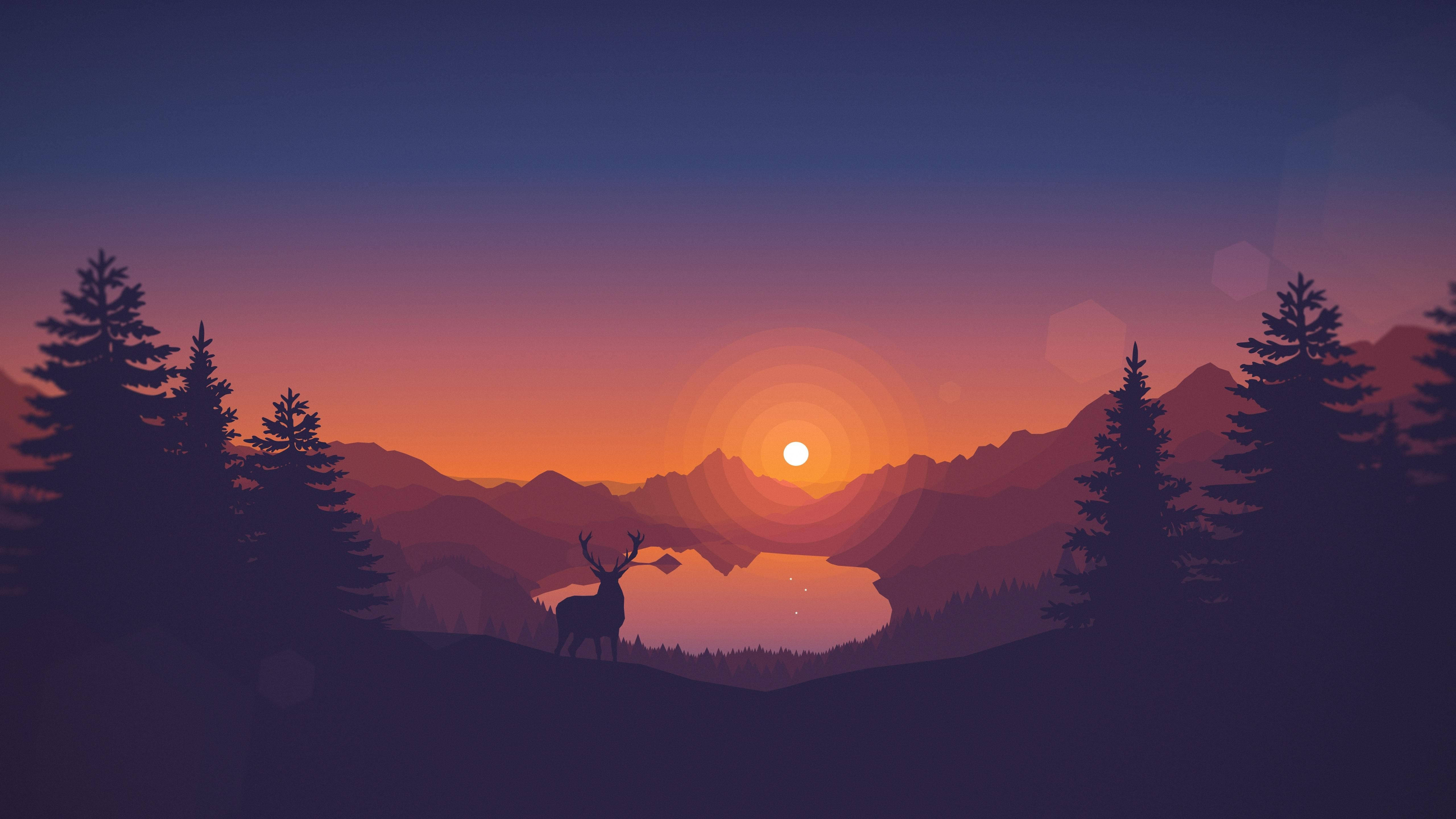 Silhouette 桌布 壁紙 — 一隻剪影鹿站在山丘上，在日落時分俯瞰平靜的湖泊和層疊的山脈，天空呈現漸變色。