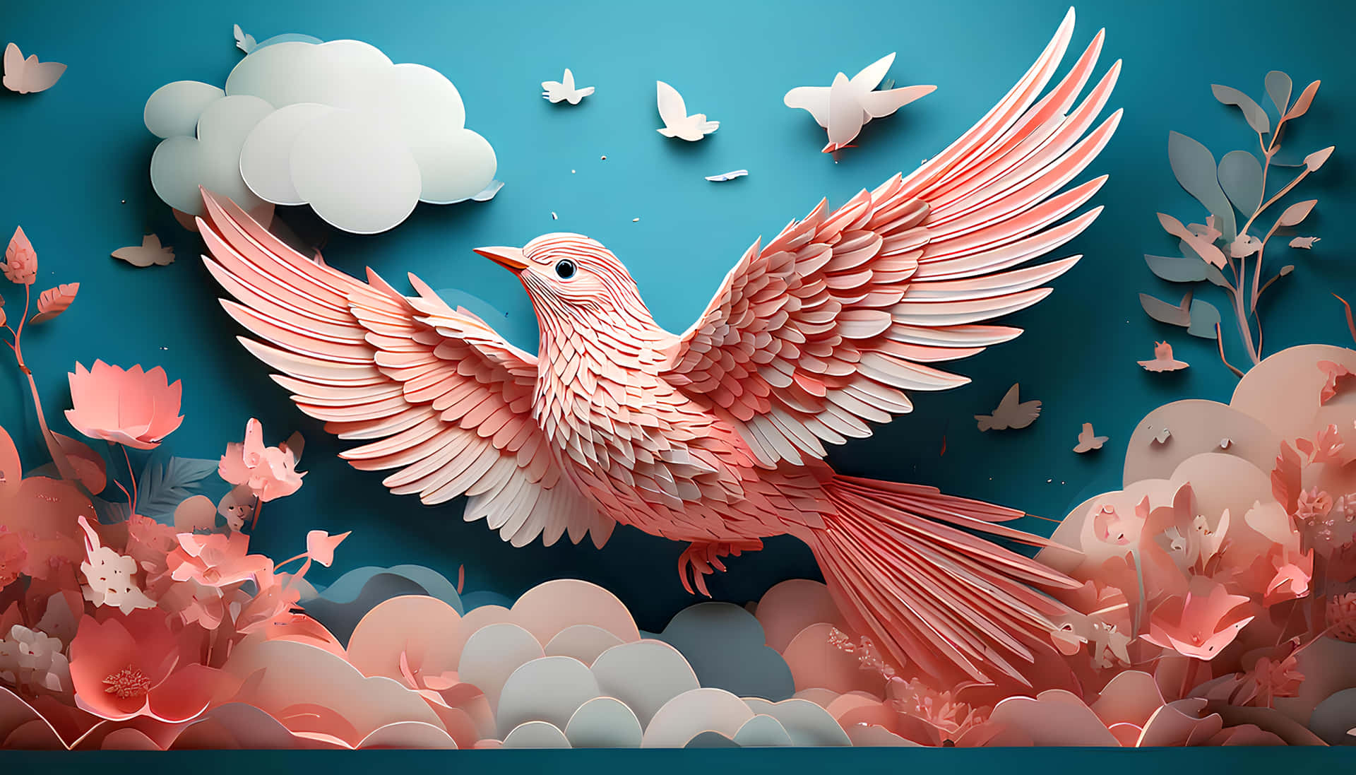 Bird 壁紙 — 一隻剪紙風格的粉紅色鳥兒在層疊的雲朵和花卉元素之上的青綠色天空中翱翔。
