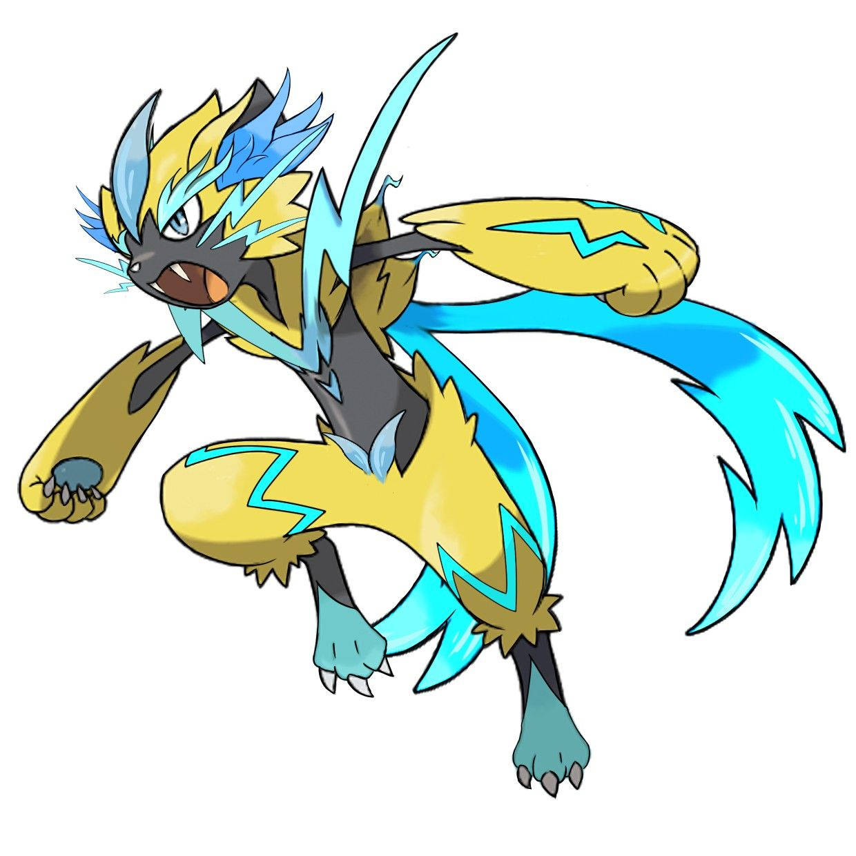 Zeraora 桌布 壁紙 — 一隻動感十足的動漫風格電氣貓寶可夢，擁有黃色毛皮和藍色閃電圖案，擺出兇猛的姿勢。