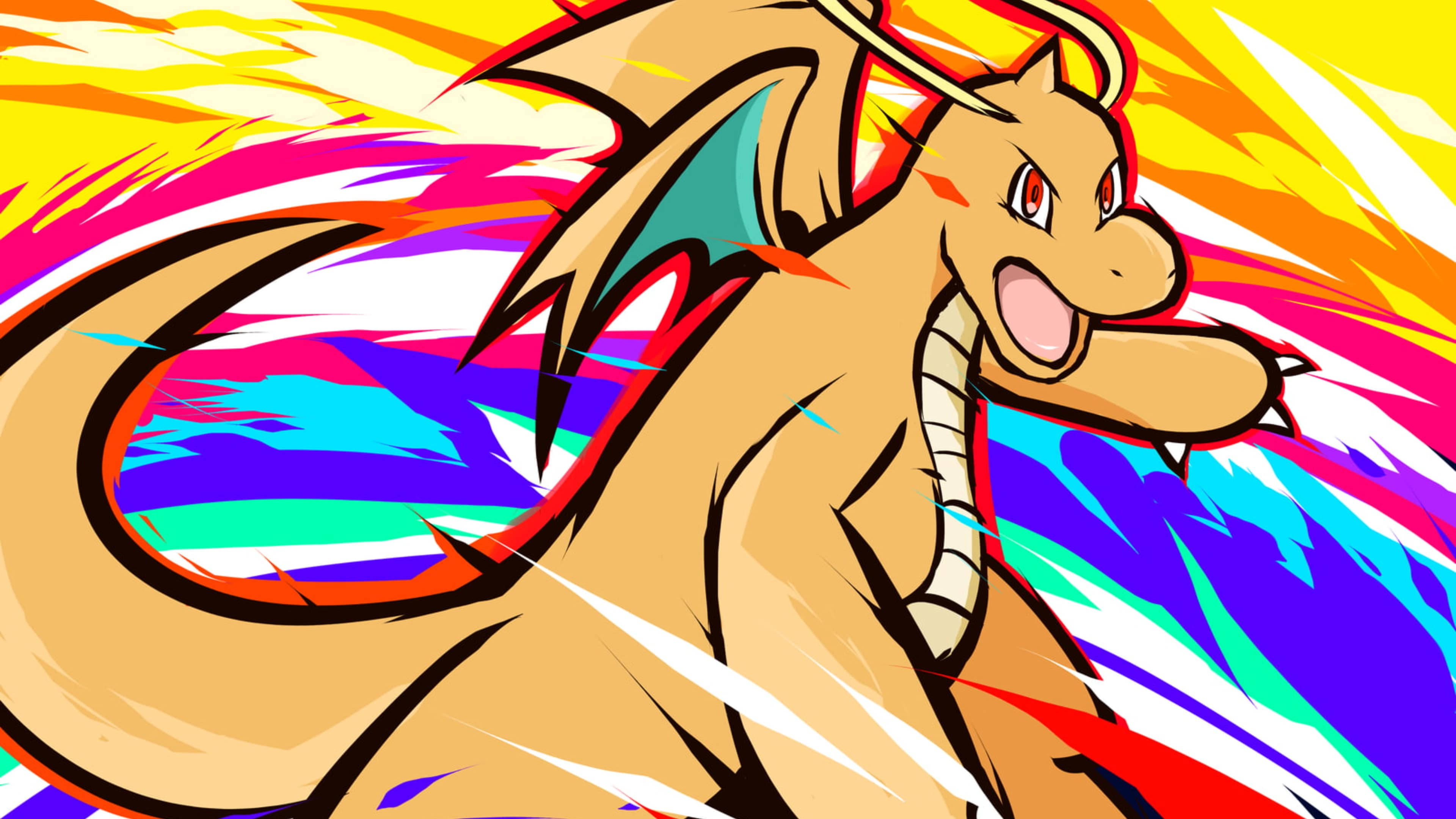 Dragonite 桌布 壁紙 — 一隻動感十足的動畫風格噴火龍在黃色、粉紅色、藍色和白色的鮮豔條紋背景上咆哮。
