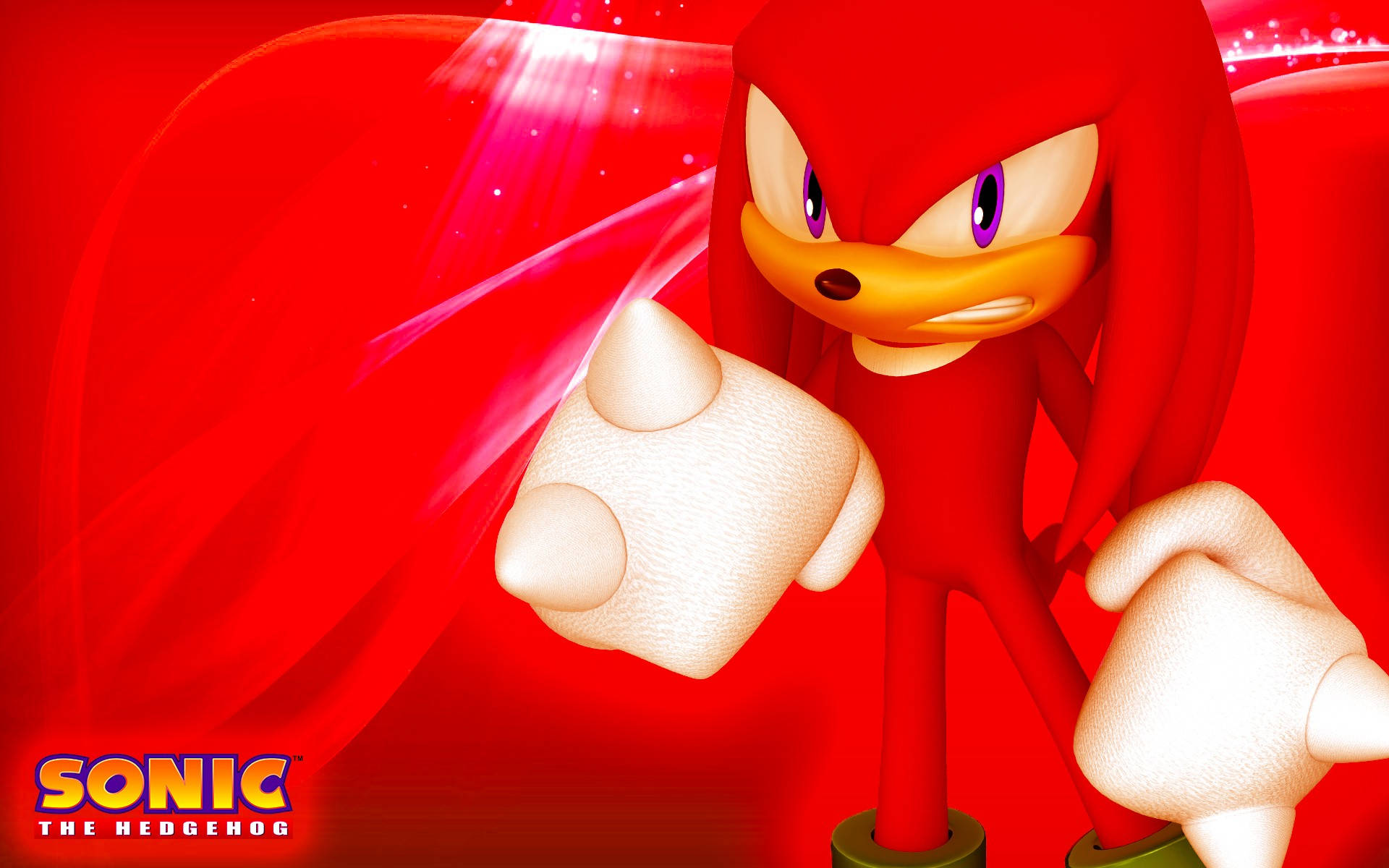 Knuckles 桌布 壁紙 — 一隻動感的紅色刺蝟，擁有長長的尖刺和紫色眼睛，在發光的紅色背景前擺出強而有力的姿勢。