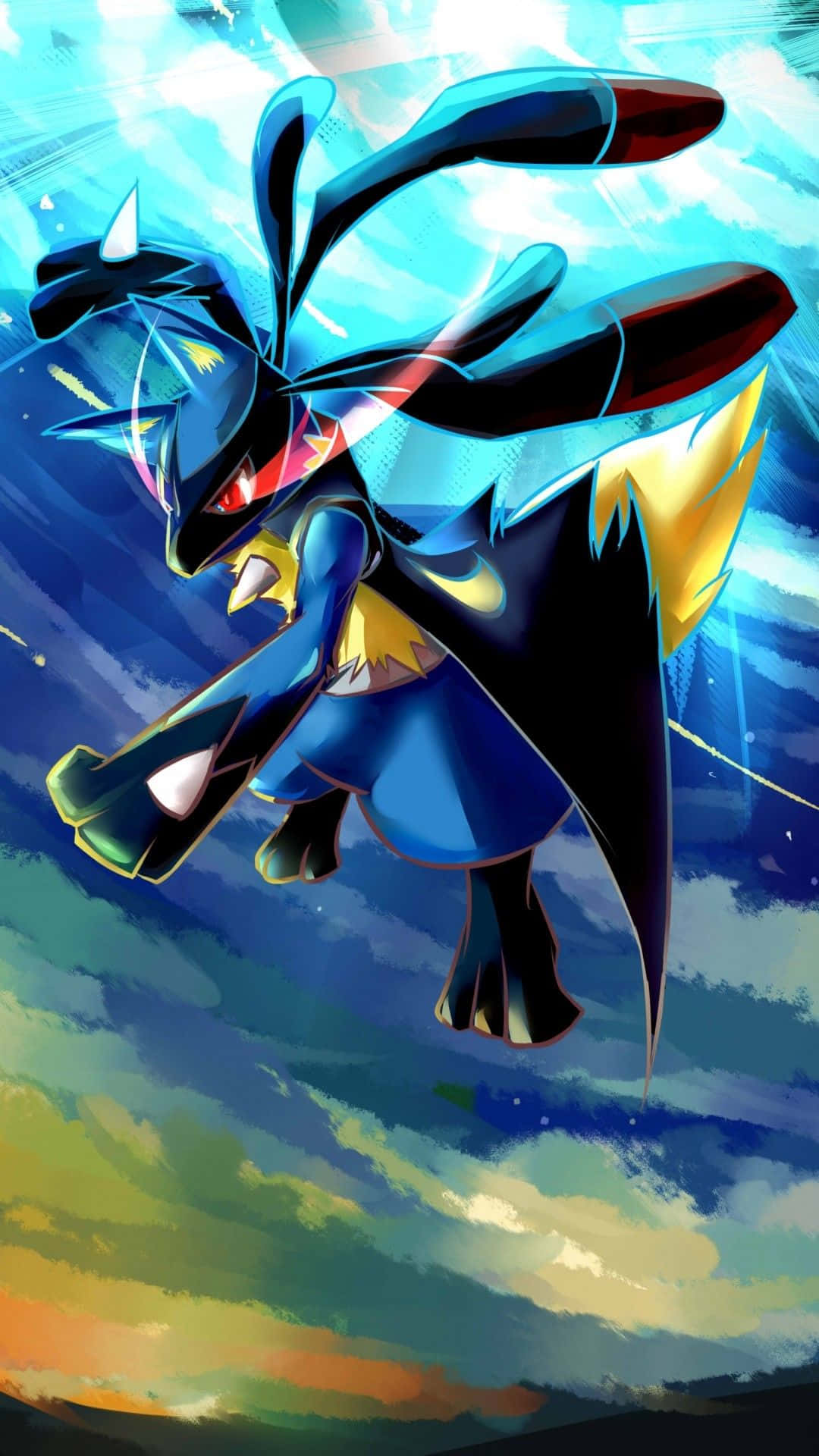Pokemon Lucario 桌布 壁紙 — 一隻動態動漫風格的Lucario跳過充滿電藍色和橙色雲朵的鮮豔天空。