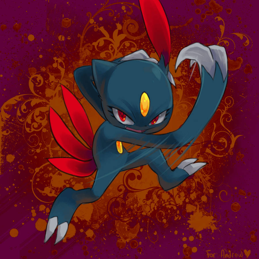 iPhone 桌布 壁紙 — 一隻動態的藍色和紅色動漫風格Sableye在充滿活力的紫色和橙色華麗背景前，以發光的眼睛向前跳躍。