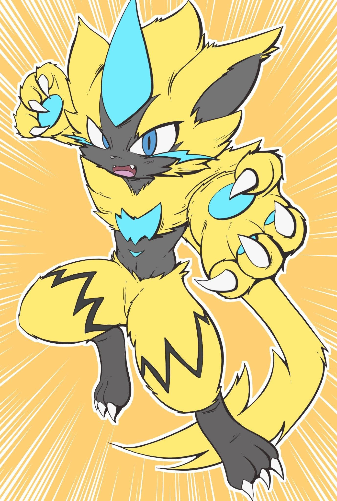 Zeraora 桌布 壁紙 — 一隻動漫風格、黃藍色、帶有閃電圖案的貓科生物，在明亮的黃色背景前擺出強而有力的姿勢。