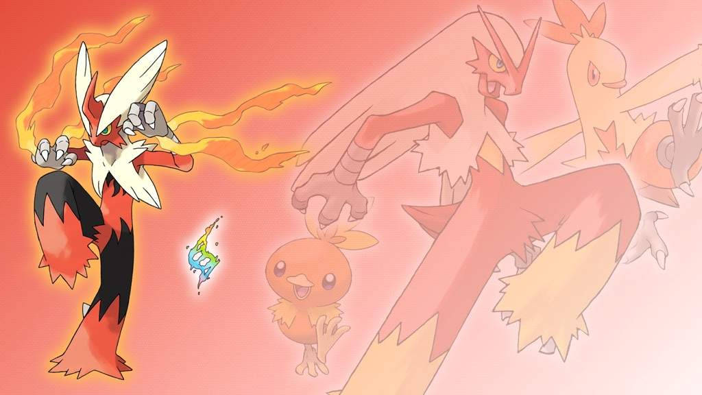 Blaziken 桌布 壁紙 — 一隻動漫風格的火熱寶可夢釋放火焰，而較小的寶可夢在發光的紅色漸變背景前觀看。