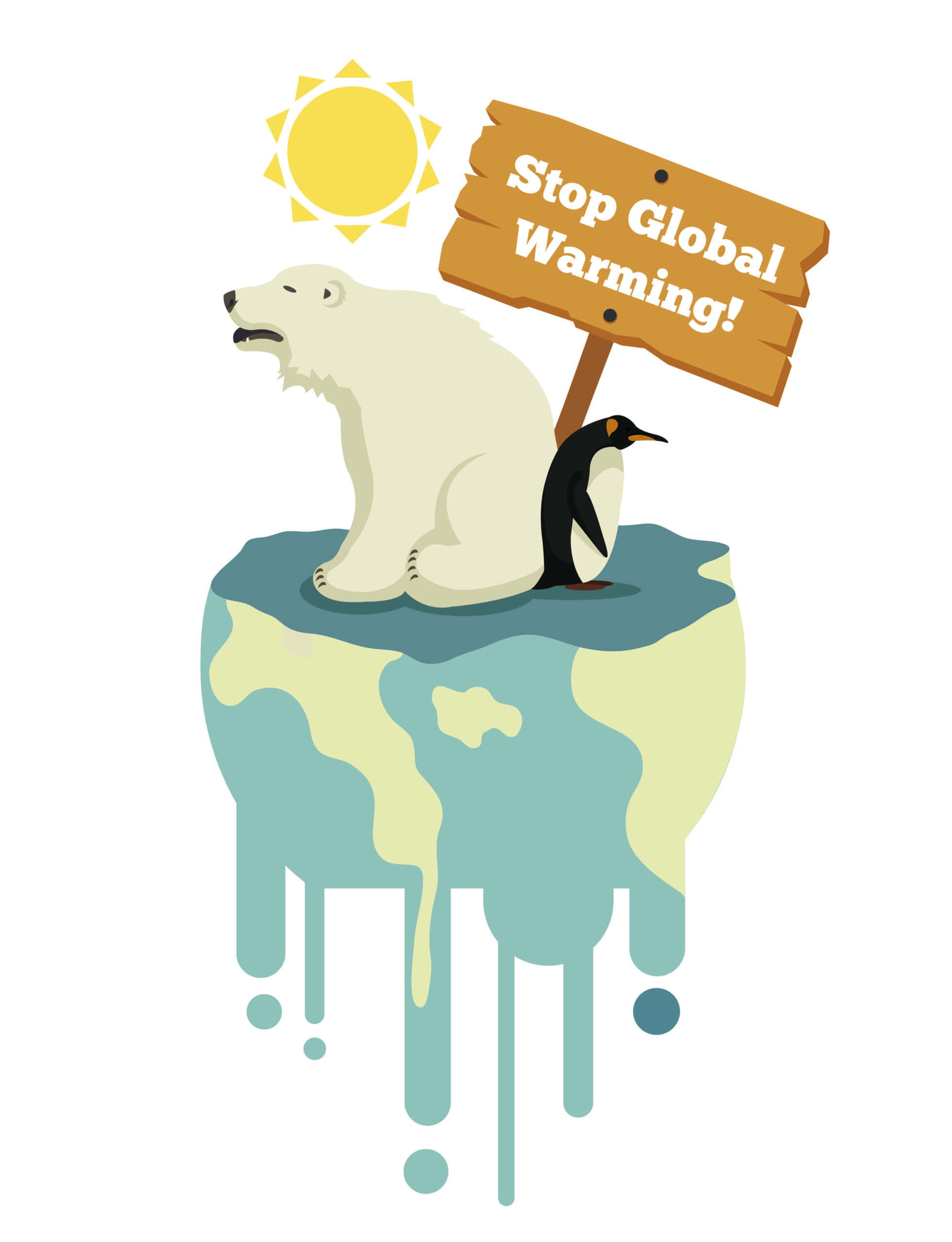Global Warming 桌布 壁紙 — 一隻北極熊和一隻企鵝坐在正在融化的地球儀上，在明亮的陽光下舉著寫有停止全球暖化的標語牌。
