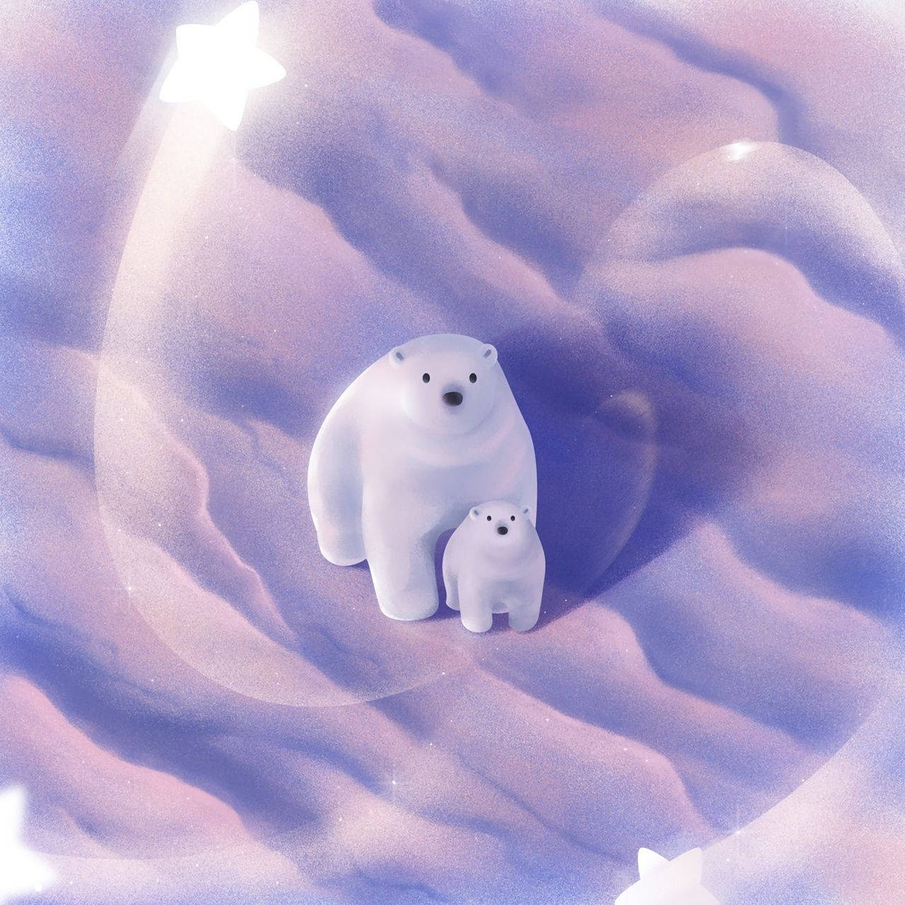 Polar 桌布 壁紙 — 一隻北極熊媽媽和牠的幼崽一起坐在柔軟的紫色雲朵上，在閃爍的星星下，夢幻的天空中。