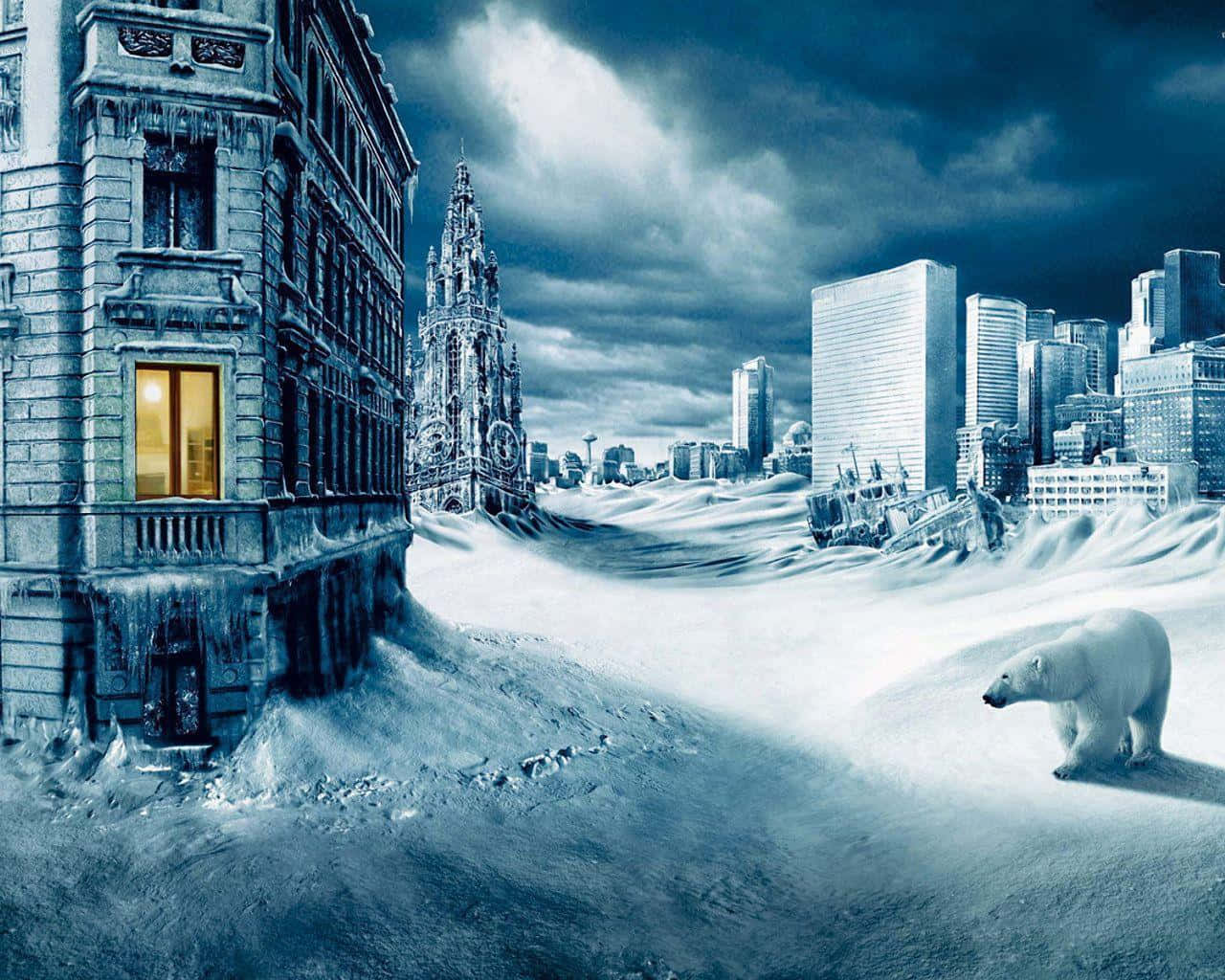 Winter Cityscape 桌布 壁紙 — 一隻北極熊走過一個被雪覆蓋的城市景觀，歷史和現代建築都被埋在冰雪之下，只有一扇溫暖的窗戶亮著光。