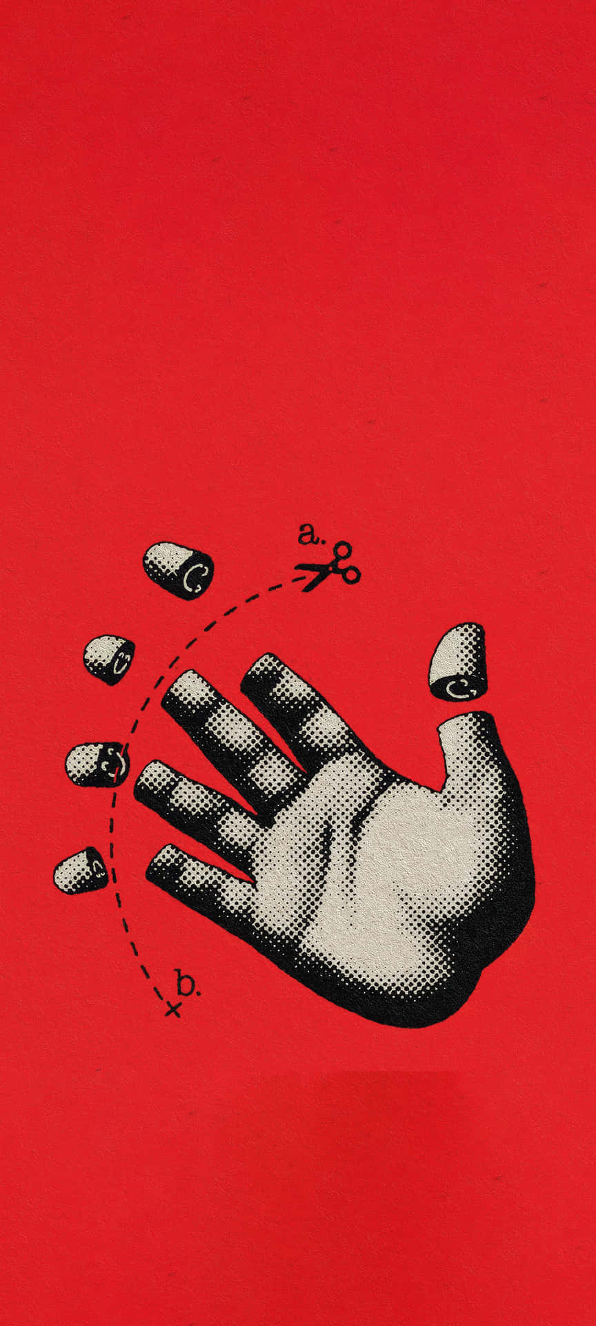 Vintage Halftone Hand Red Retro Pop Art Graphic Design Wallpaper 壁紙 — 一隻半色調的手，指甲脫落飛走，剪刀沿著虛線剪開，背景為大膽的紅色。