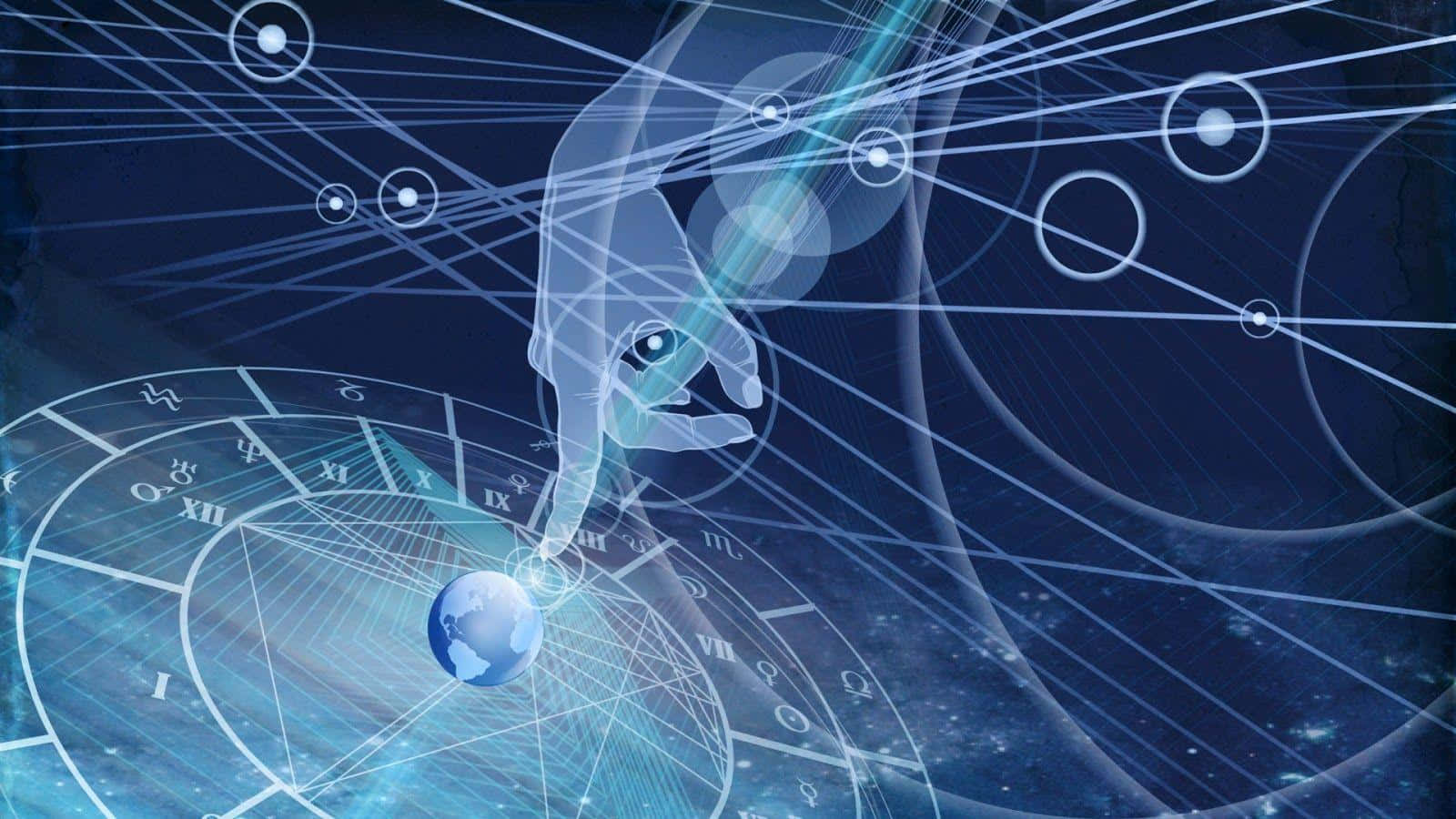 astrology 桌布 壁紙 — 一隻半透明的手指向一個發光的地球，該地球位於一個帶有天體線條和符號的宇宙占星圖的中心。