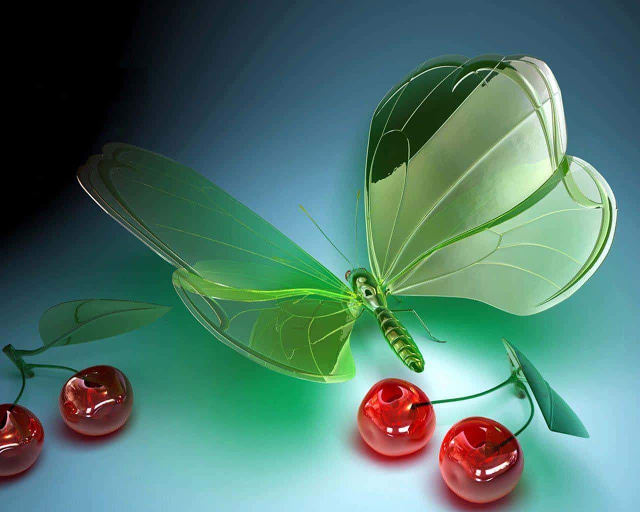 Butterfly Desktop 桌布 壁紙 — 一隻半透明綠色玻璃蝴蝶在漸變藍色背景上懸浮於光澤紅色櫻桃上方。