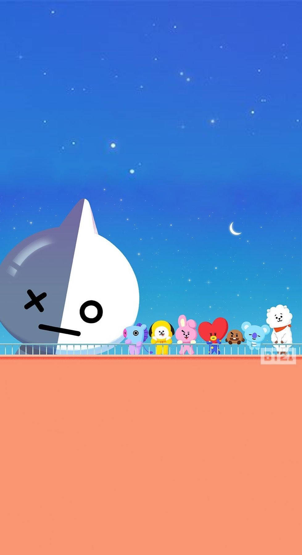 BT21 桌布 壁紙 — 一隻半黑半白的巨型卡通貓在星空下守望著一排色彩繽紛的BT21角色。