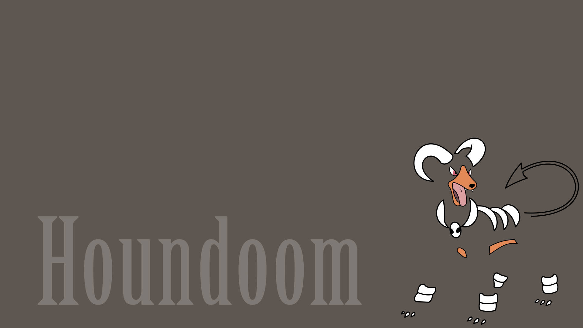 寶可夢 桌布 壁紙 — 一隻卡通 Houndoom，有白色角和尾巴漩渦，站在純棕色背景上，背景上有灰色文字「Houndoom」。