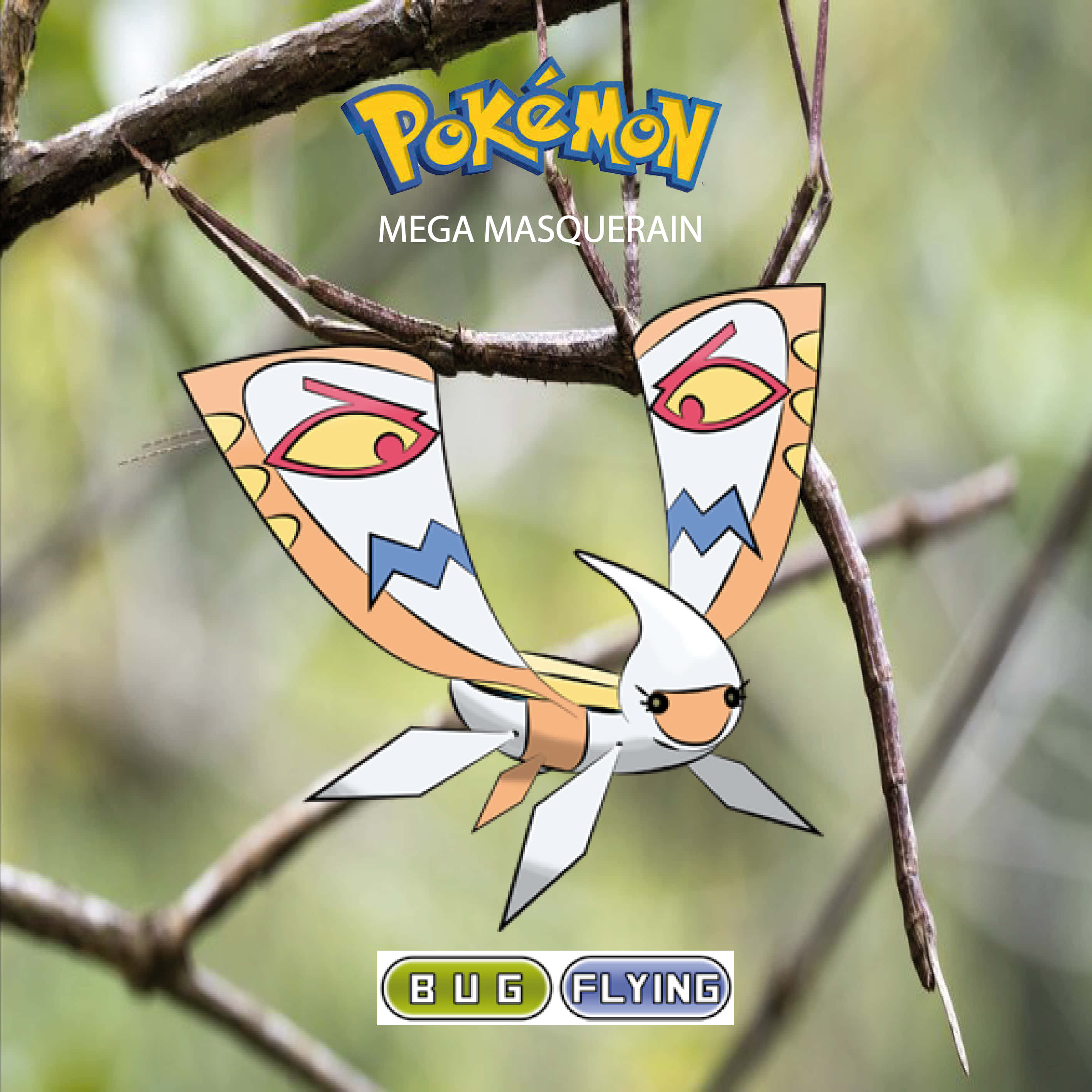 Masquerain 桌布 壁紙 — 一隻卡通Mega Masquerain寶可夢，帶有眼睛圖案的翅膀，棲息在樹枝上，背景是模糊的綠色森林。