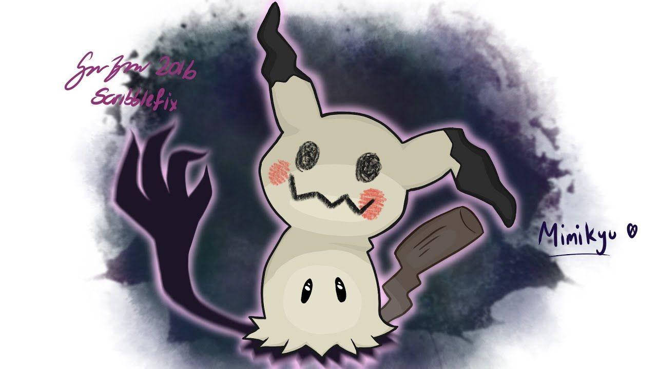 Dark Purple Anime 桌布 壁紙 — 一隻卡通Mimikyu，嘴巴縫合，臉頰通紅，漂浮在帶有紫色光環的黑暗煙霧背景上。