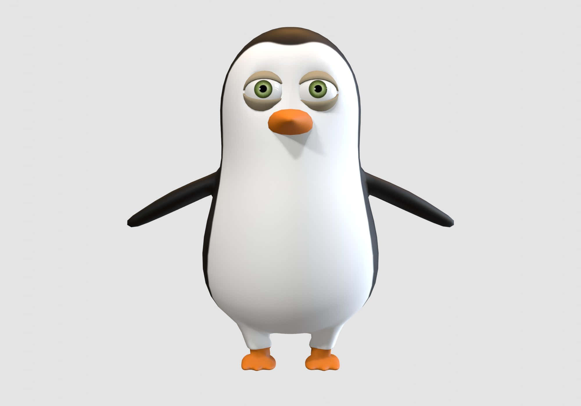Penguin Funny 桌布 壁紙 — 一隻卡通企鵝，有著寬大的綠色眼睛和橙色喙，站在純灰色背景前。