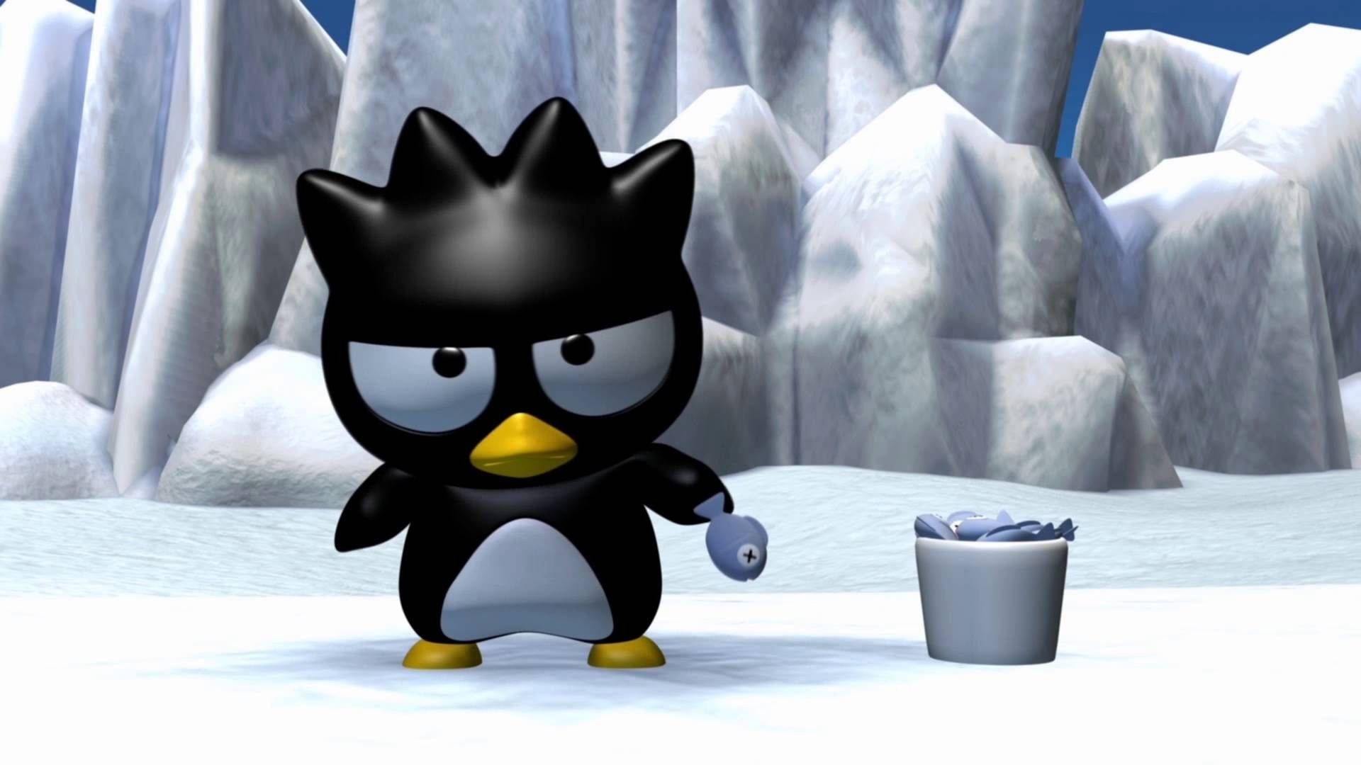 Badtz Maru 桌布 壁紙 — 一隻卡通企鵝，頭部黑色尖刺，黃色喙，站在雪地裡，旁邊有一桶魚。
