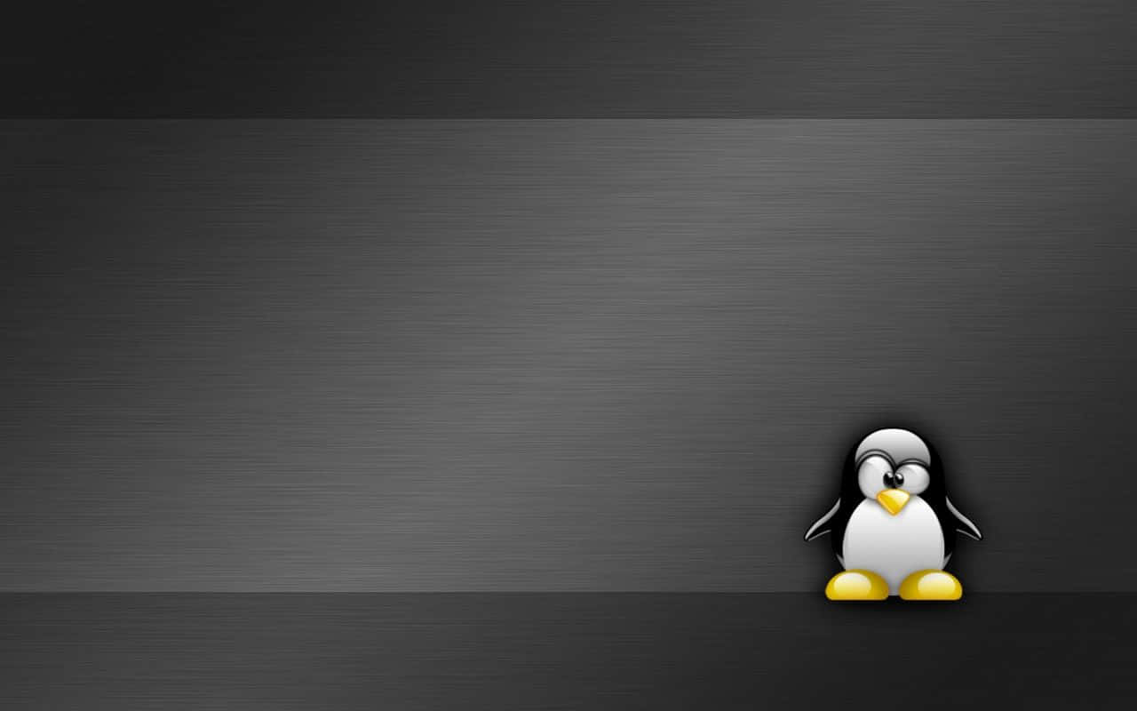 Linux 桌布 壁紙 — 一隻卡通企鵝，黃色腳和喙，獨自站在拉絲金屬灰色背景上。
