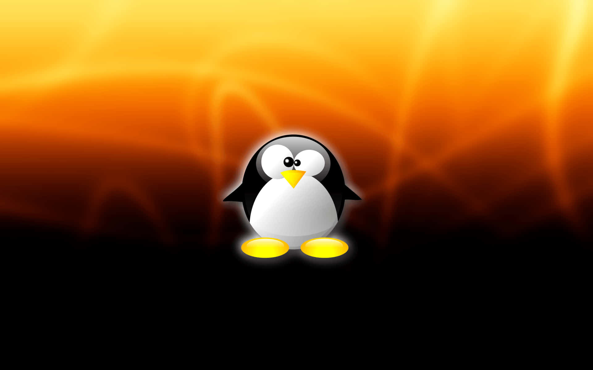 Linux 桌布 壁紙 — 一隻卡通企鵝，黃色腳掌，站在發光的橙色和黑色漸變背景中央。