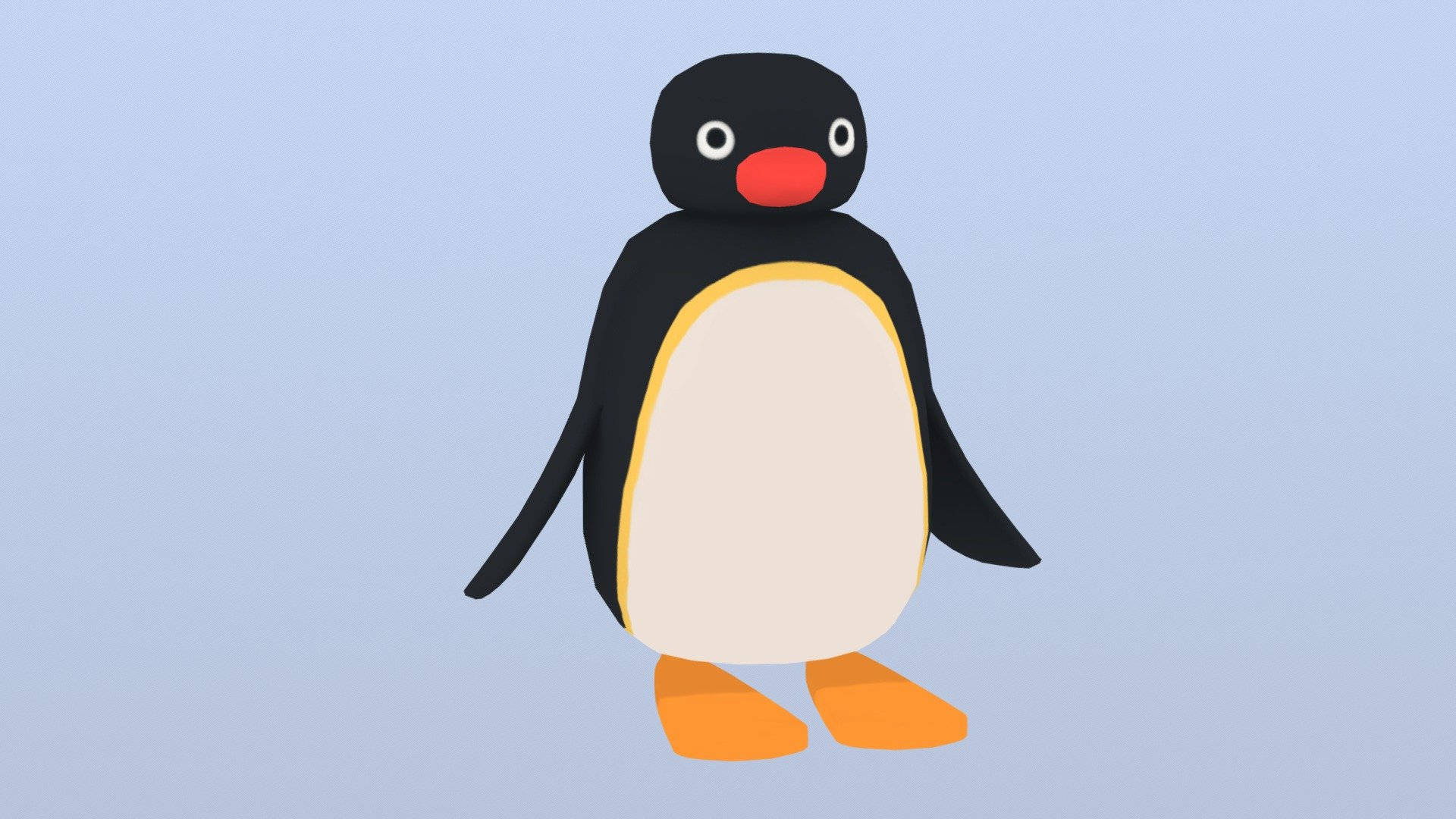 Pingu 桌布 壁紙 — 一隻卡通企鵝，黑色身體、奶油色腹部、橙色腳和喙，站在柔和的藍色背景前。