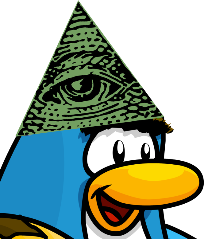 illuminati 桌布 壁紙 — 一隻卡通企鵝咧嘴大笑，戴著一頂綠色金字塔帽，上面有全視之眼。