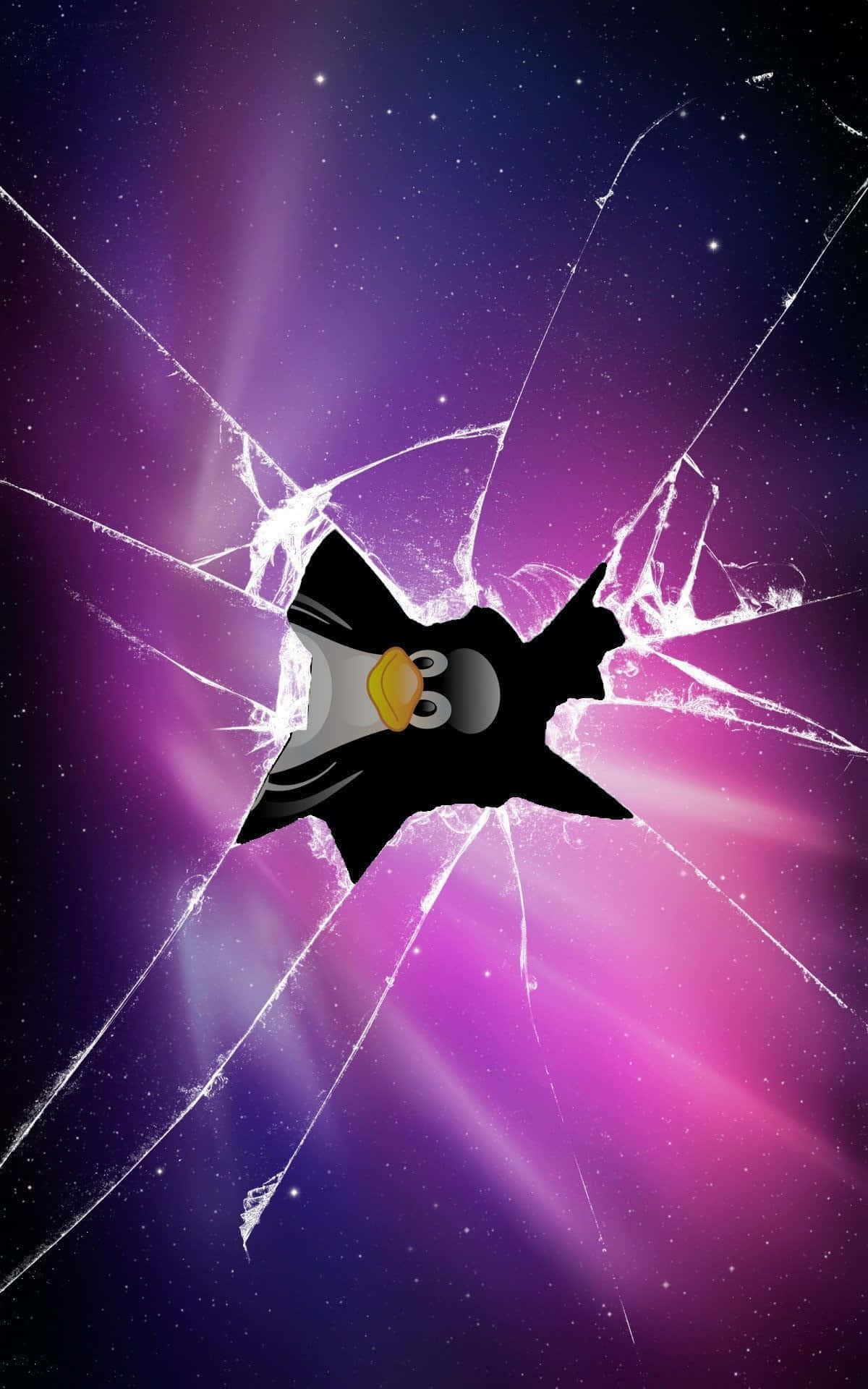 iPhone 桌布 壁紙 — 一隻卡通企鵝在充滿活力的紫色星空背景下撞破一塊碎裂的玻璃板。