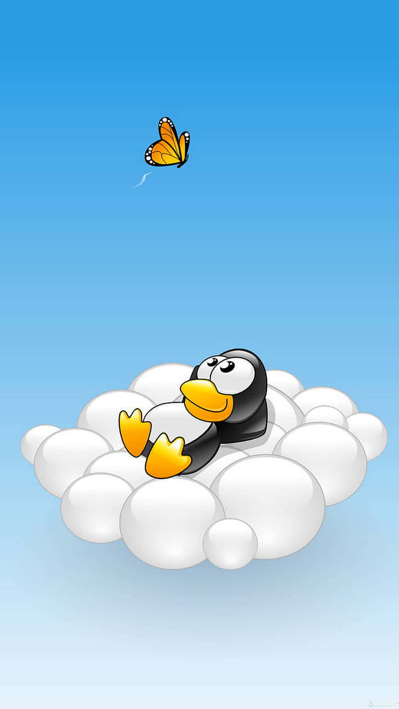 Penguin Funny 桌布 壁紙 — 一隻卡通企鵝在晴朗的藍天下躺在 fluffy 的白雲上，附近有一隻蝴蝶在飛舞。