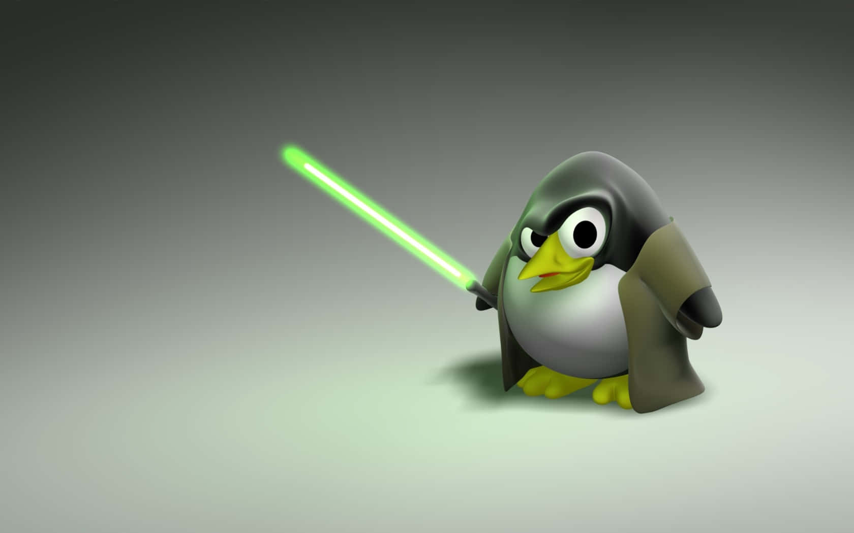 Linux 桌布 壁紙 — 一隻卡通企鵝在柔和漸變背景前拿著發光的綠色光劍。