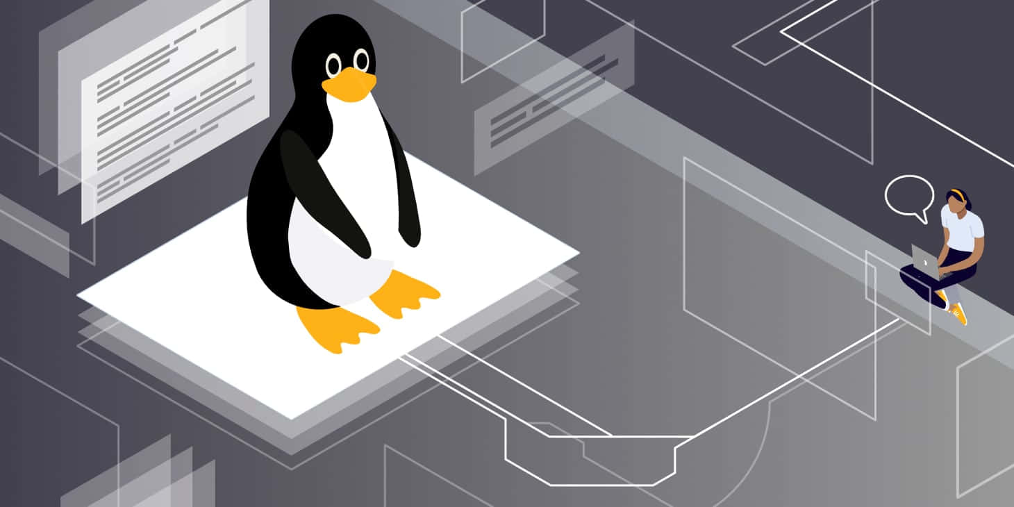 Linux 桌布 壁紙 — 一隻卡通企鵝坐在漂浮的文件上，而一個人正在數位工作空間中使用筆記型電腦工作。