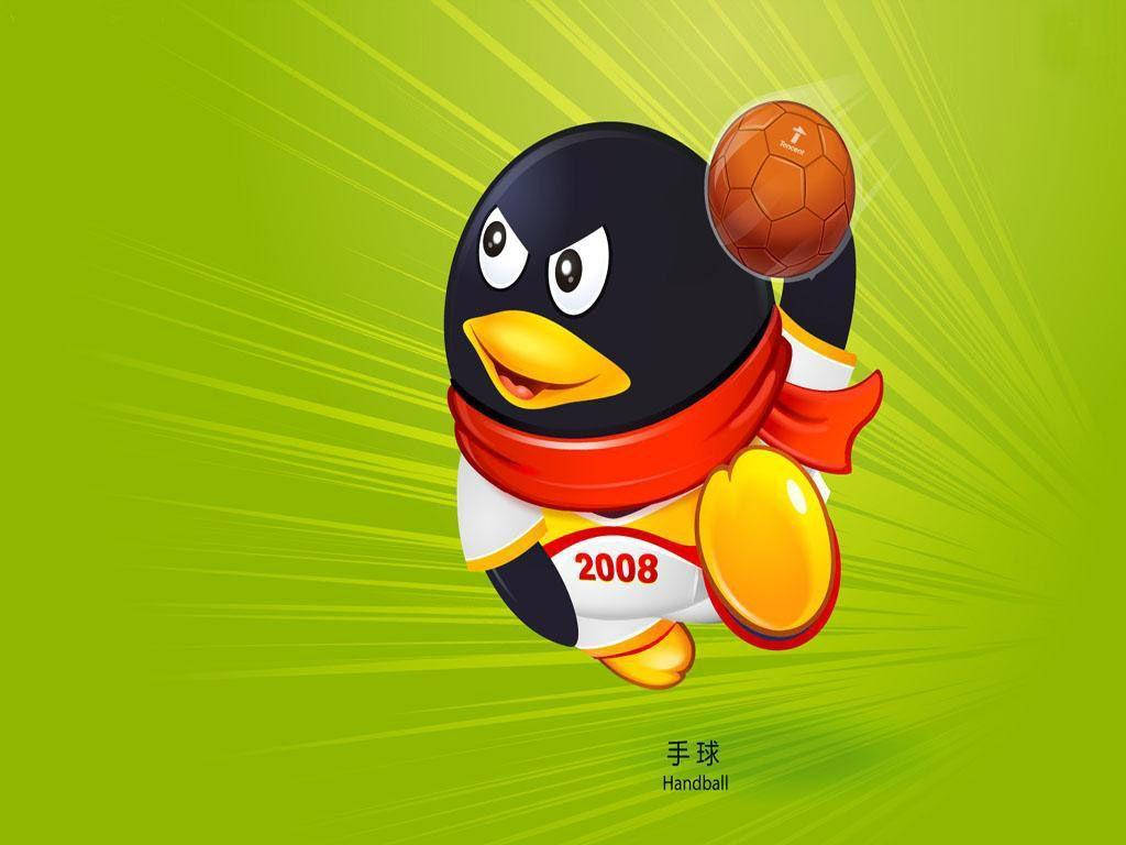 Handball 桌布 壁紙 — 一隻卡通企鵝穿著2008年手球球衣，在充滿活力的綠色放射背景前運球。
