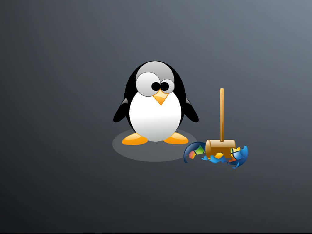 Linux 桌布 壁紙 — 一隻卡通企鵝站在一個損壞的瀏覽器圖標和一個木槌旁邊，背景為深灰色。