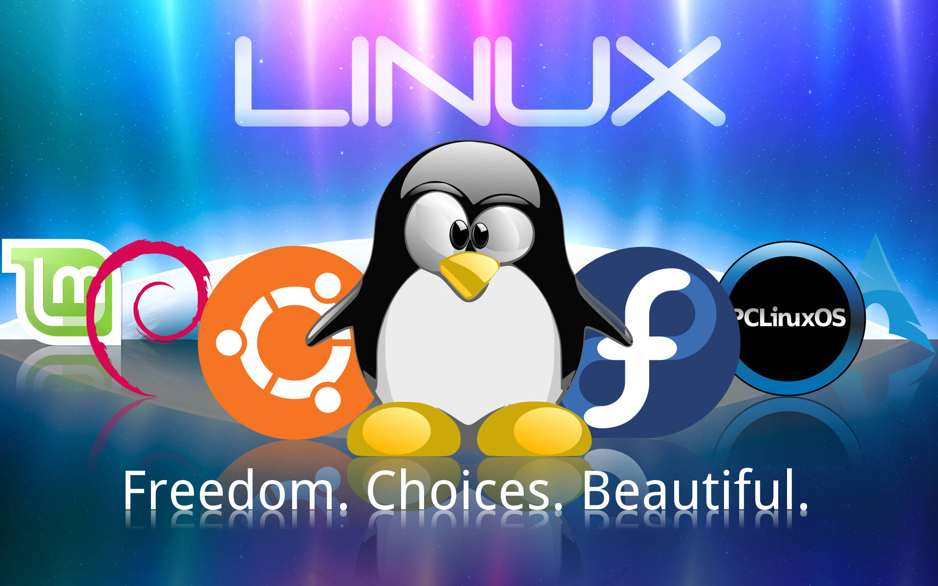 標誌 桌布 壁紙 — 一隻卡通企鵝站在舞台中央，被Linux發行版標誌環繞，背景是發光的宇宙藍色。