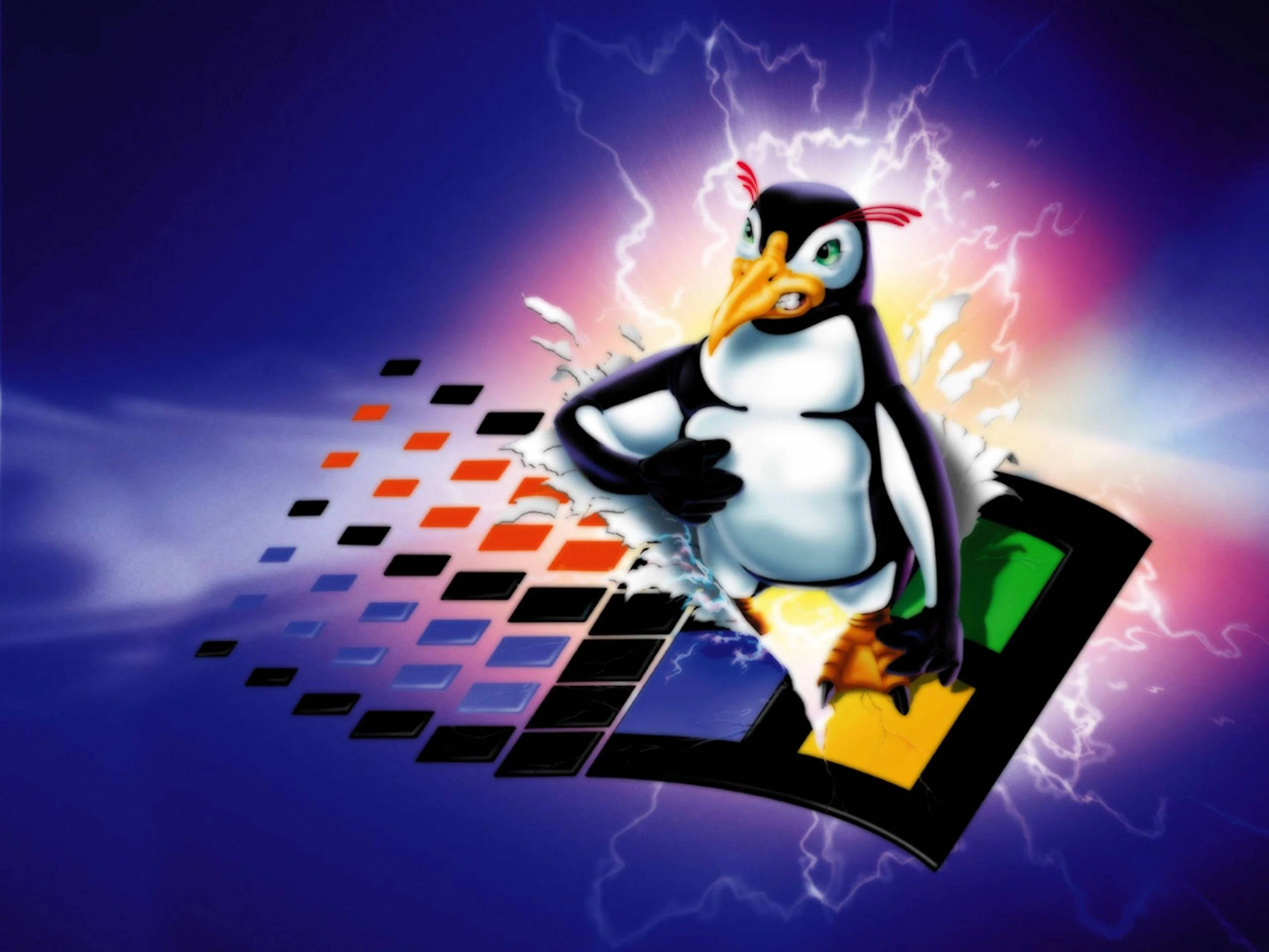 Linux 桌布 壁紙 — 一隻卡通企鵝衝破一個破碎的Windows標誌，周圍有閃電劈啪作響，背景是充滿活力的紫色和粉紅色。