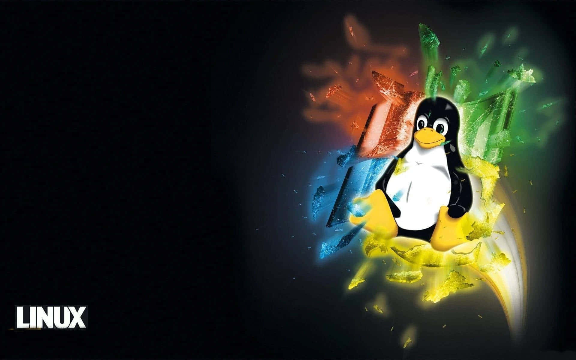 Linux 桌布 壁紙 — 一隻卡通企鵝衝破色彩繽紛的數位爆炸，帶有火橙色和電光綠色的碎片，背景為黑色。