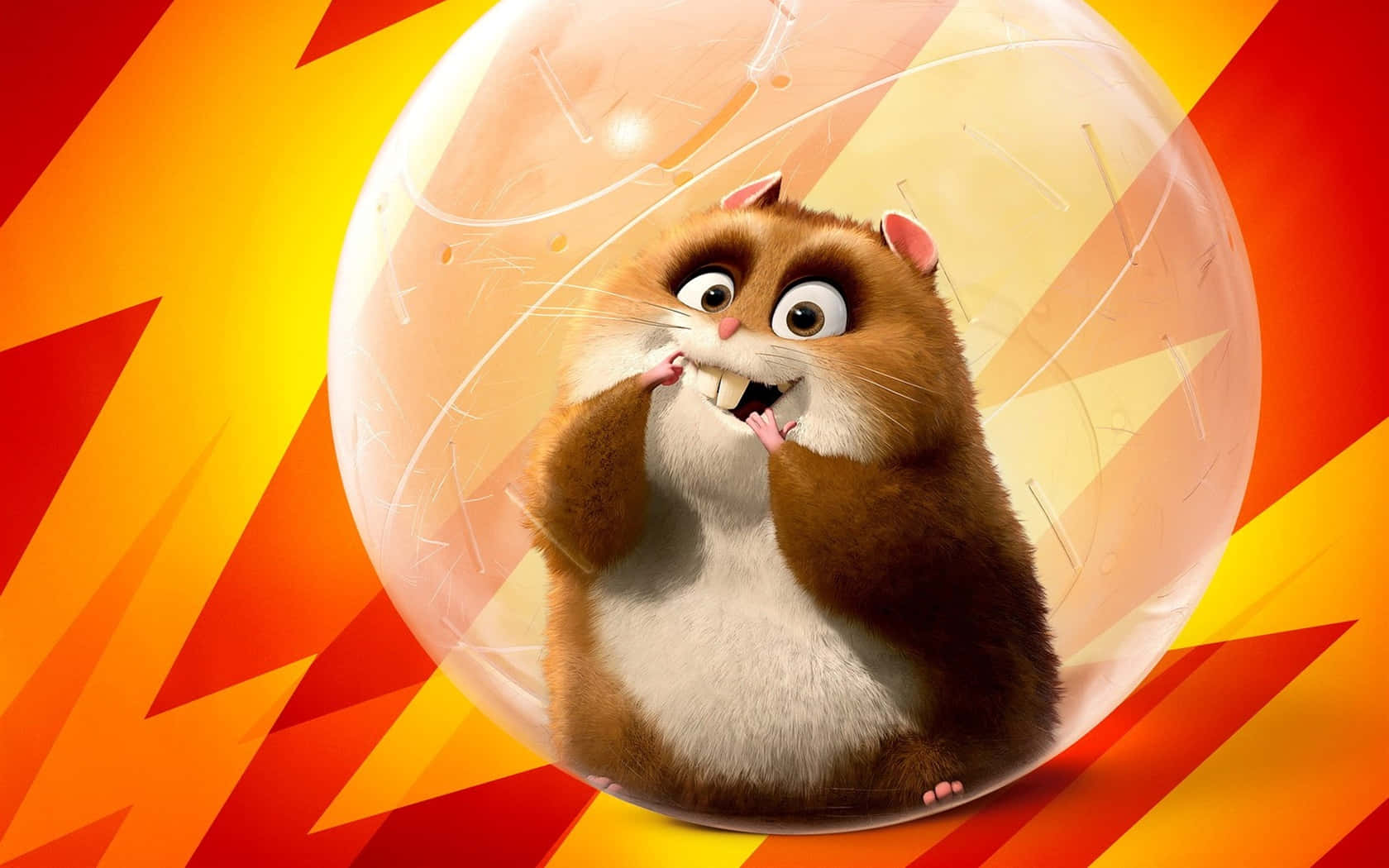 Cute Animated 桌布 壁紙 — 一隻卡通倉鼠，大眼睛，粉紅色爪子，在裂開的泡泡裡捧著臉頰，背景是鮮豔的橙黃色閃電。