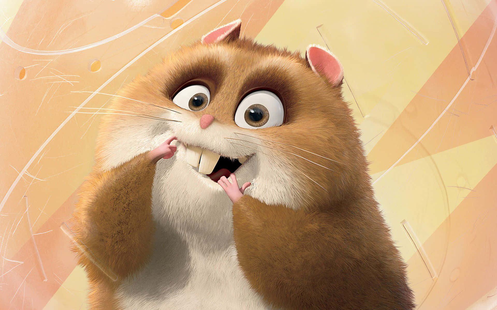 Cute Animated 桌布 壁紙 — 一隻卡通倉鼠，大眼睛和小手，在溫暖的抽象背景前驚訝地捂住嘴巴。