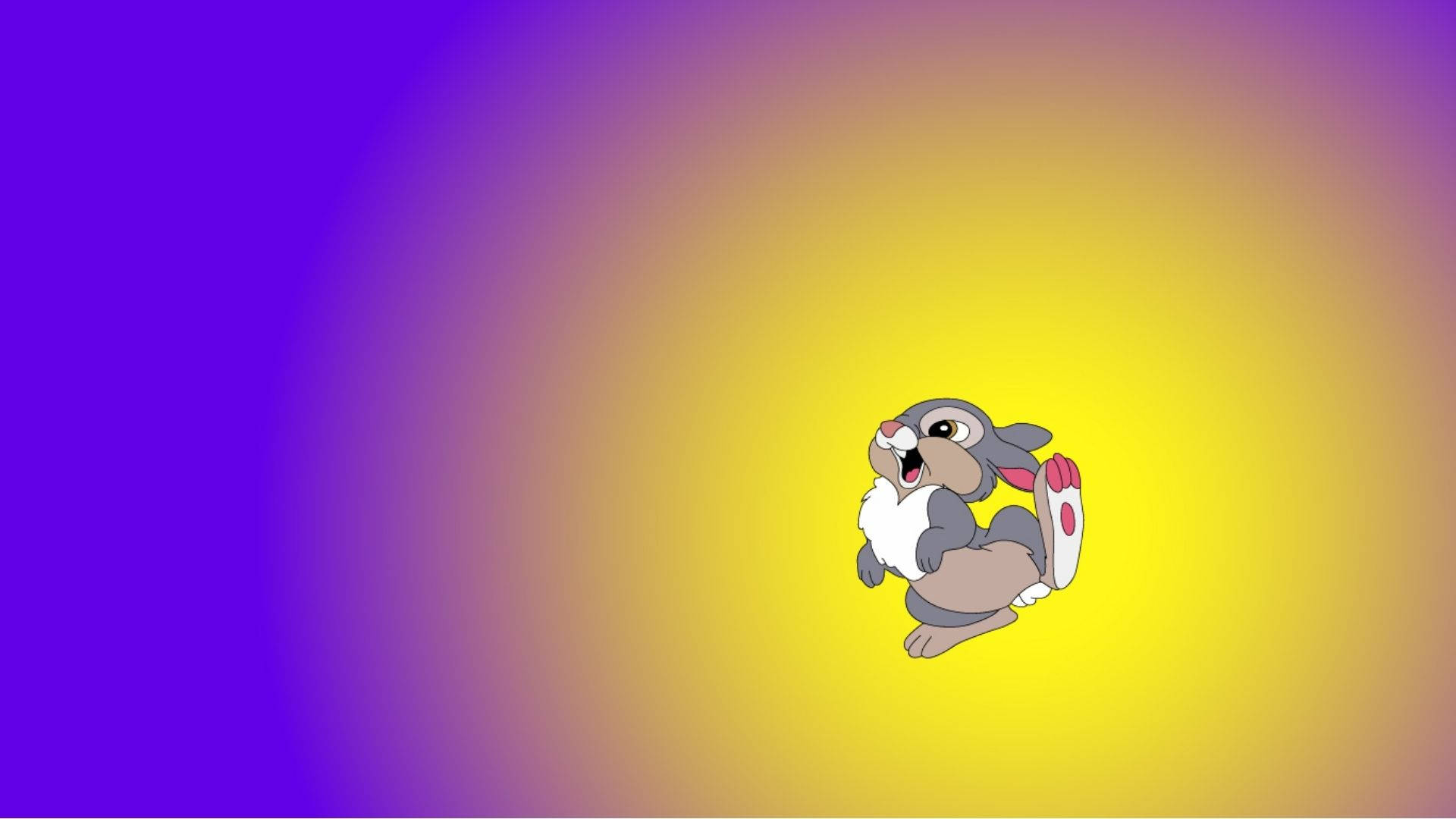 Thumper 桌布 壁紙 — 一隻卡通兔，白色肚皮和粉紅色內耳，愉快地坐在充滿活力的紫色到黃色漸變背景前。