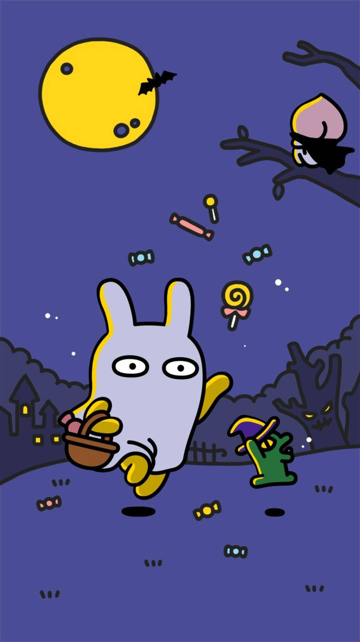 Kakao 桌布 壁紙 — 一隻卡通兔在黃色月光夜晚收集漂浮的糖果，蝙蝠飛過，女巫從樹上觀看。