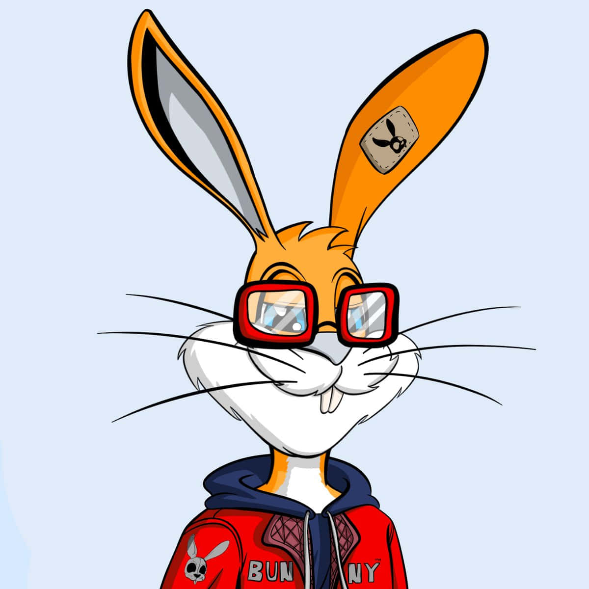 Bugs Bunny Supreme 桌布 壁紙 — 一隻卡通兔子，有橙色耳朵和紅色眼鏡，穿著紅色連帽衫，背景是淺藍色。